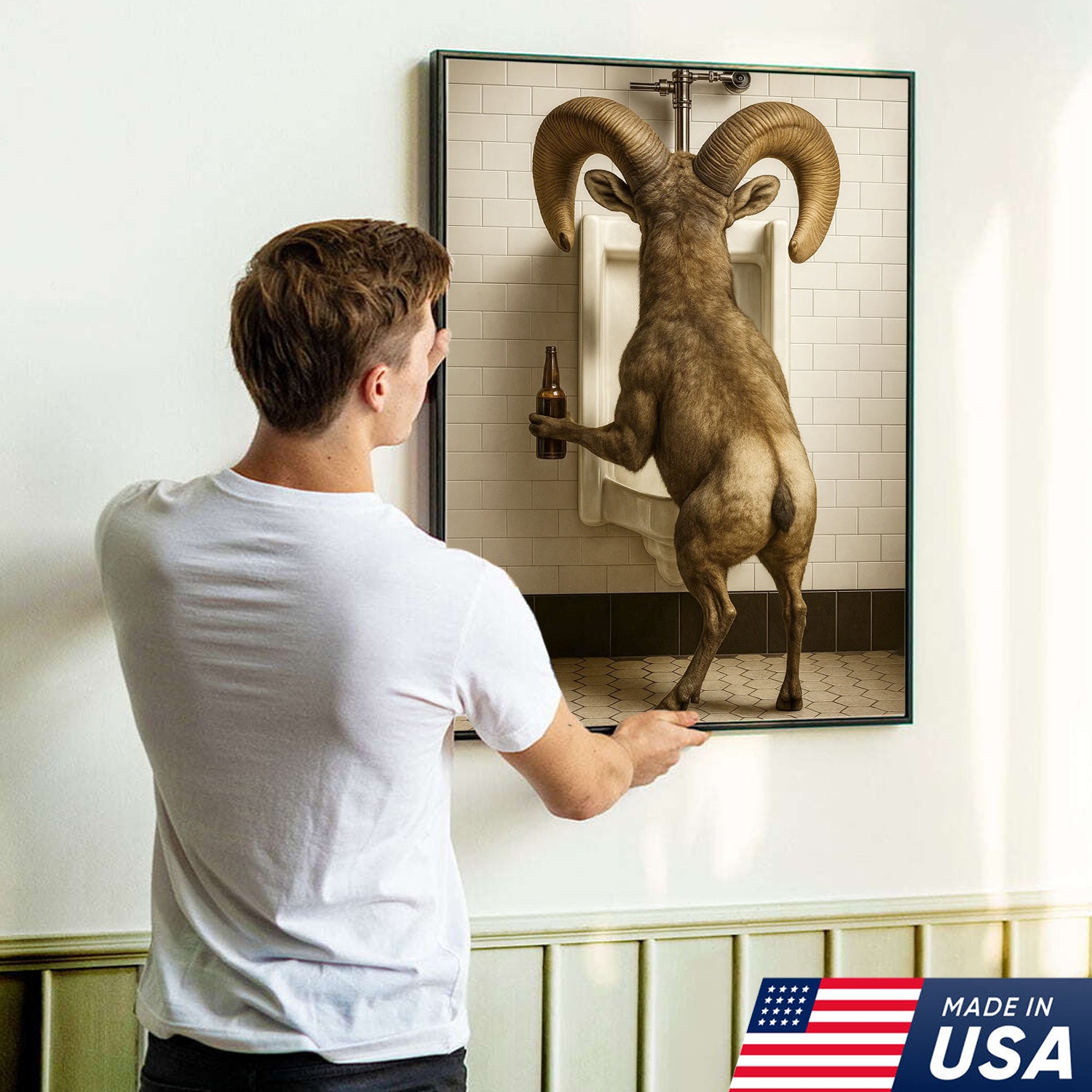 Humorous Big Horn Sheep Canvas Wall Art - Rustic Lodge Bathroom Decor for Cabin and Farmhouse - Wildlife Lover Gift