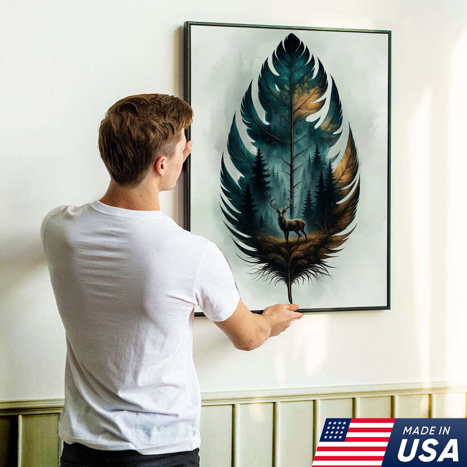 Rustic Deer And Feather Canvas Wall Art – Nature Forest Wildlife Print – Cabin & Lodge Hunting Decor