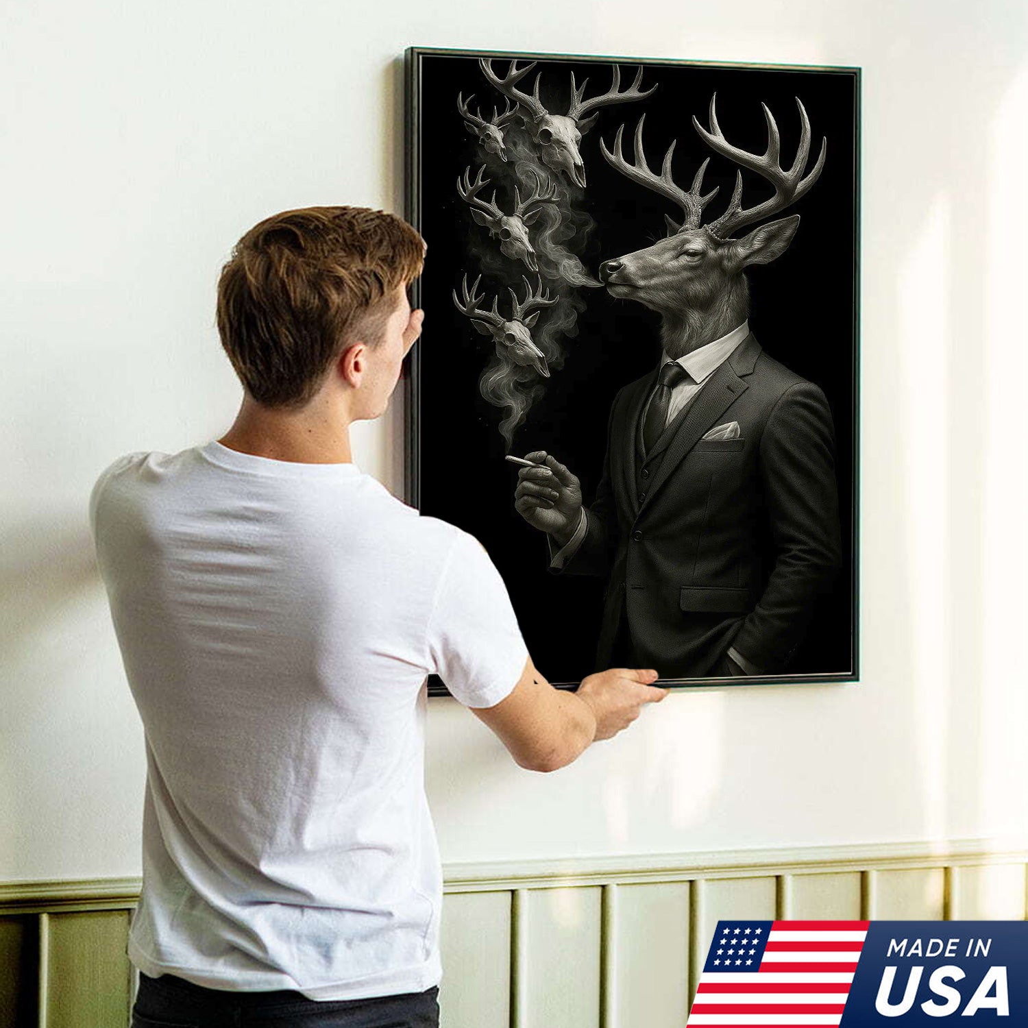 Gentleman Deer Canvas Wall Art, Elegant Buck in Suit Artwork, Rustic Cabin Decor for Hunters, Modern Wildlife Portrait Painting