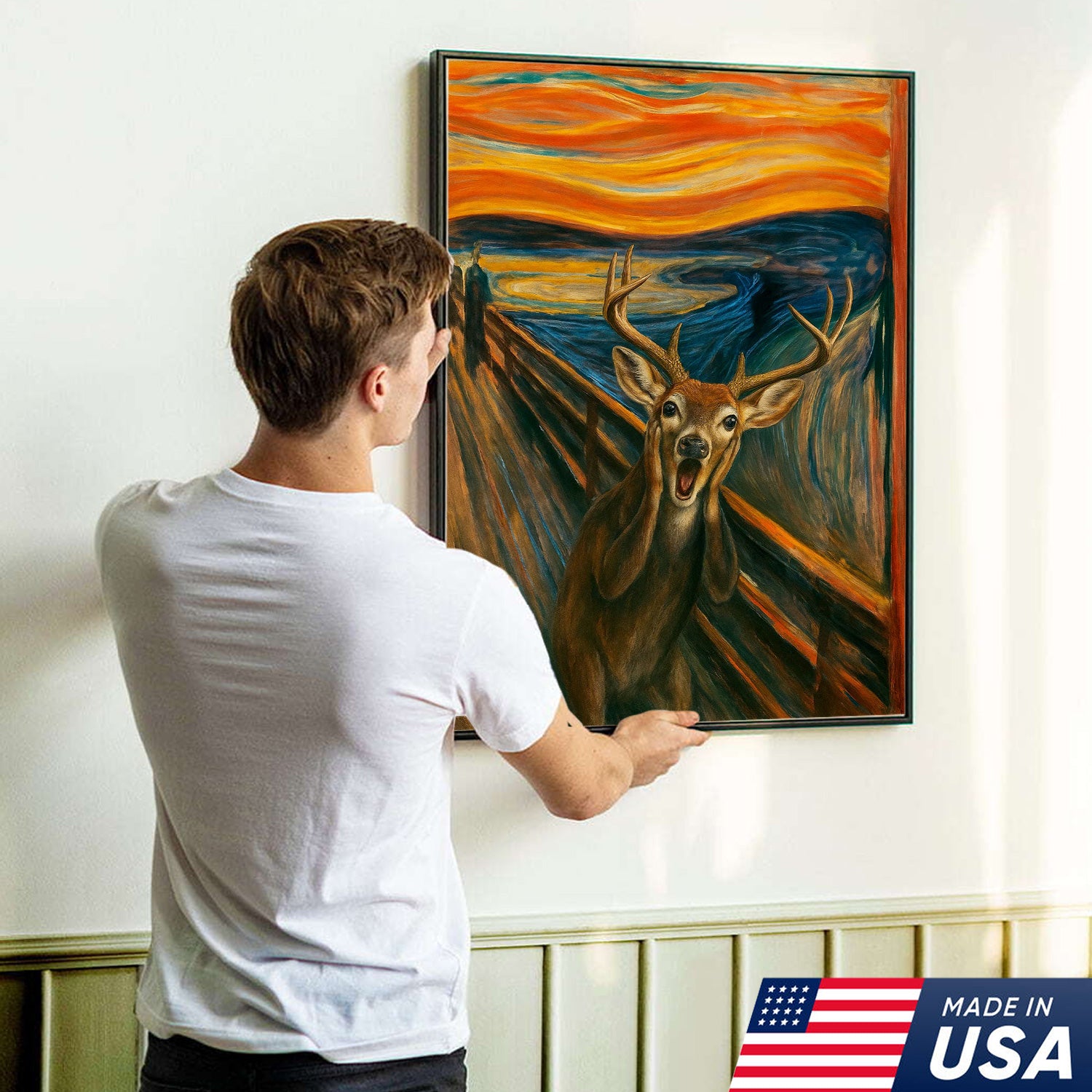 Funny Deer Wall Art Canvas – The Scream Parody Hunting Decor – Rustic Wildlife Home Decoration