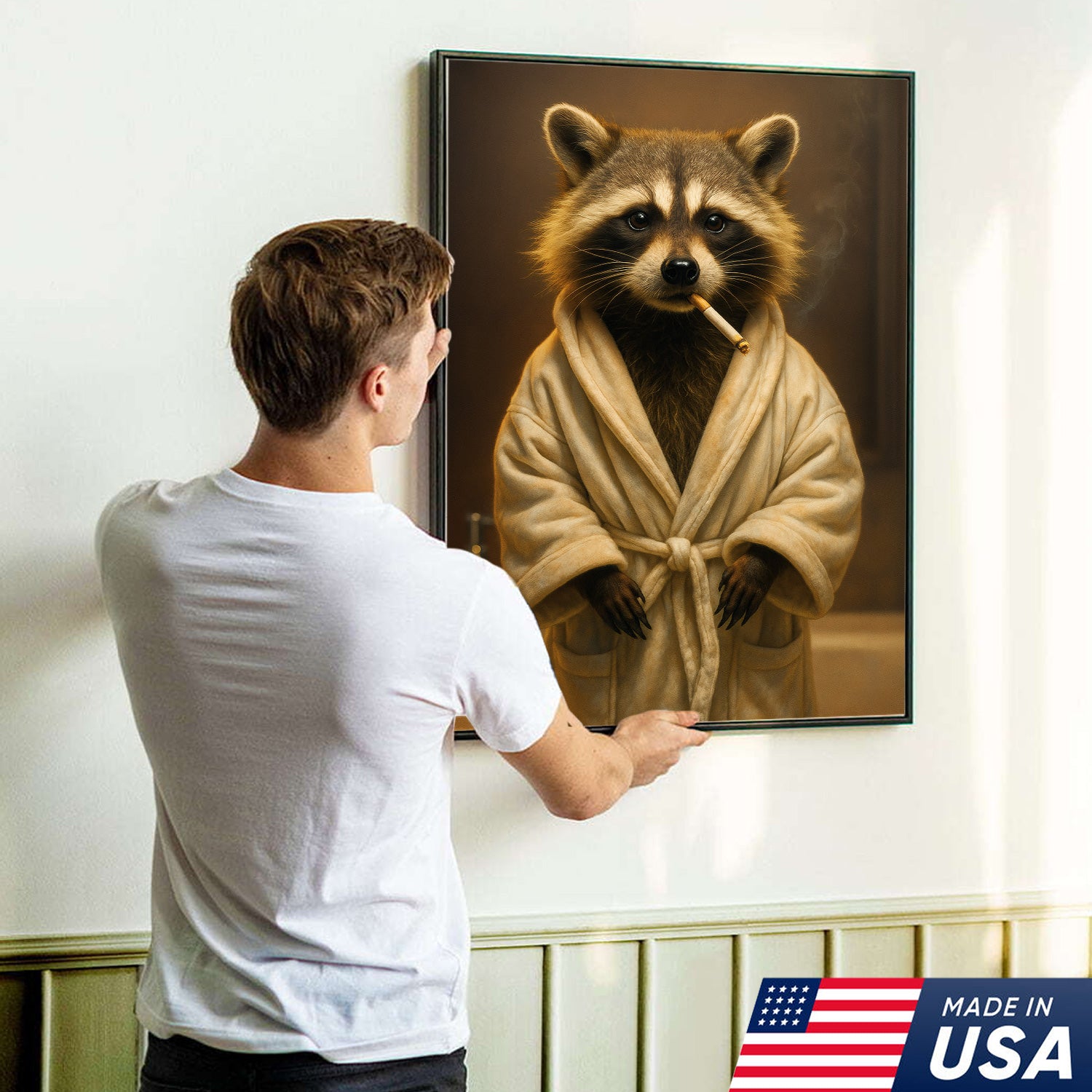 Hilarious Raccoon Bathrobe Canvas – Cozy Bathroom Humor Wall Art, Man Cave Decor