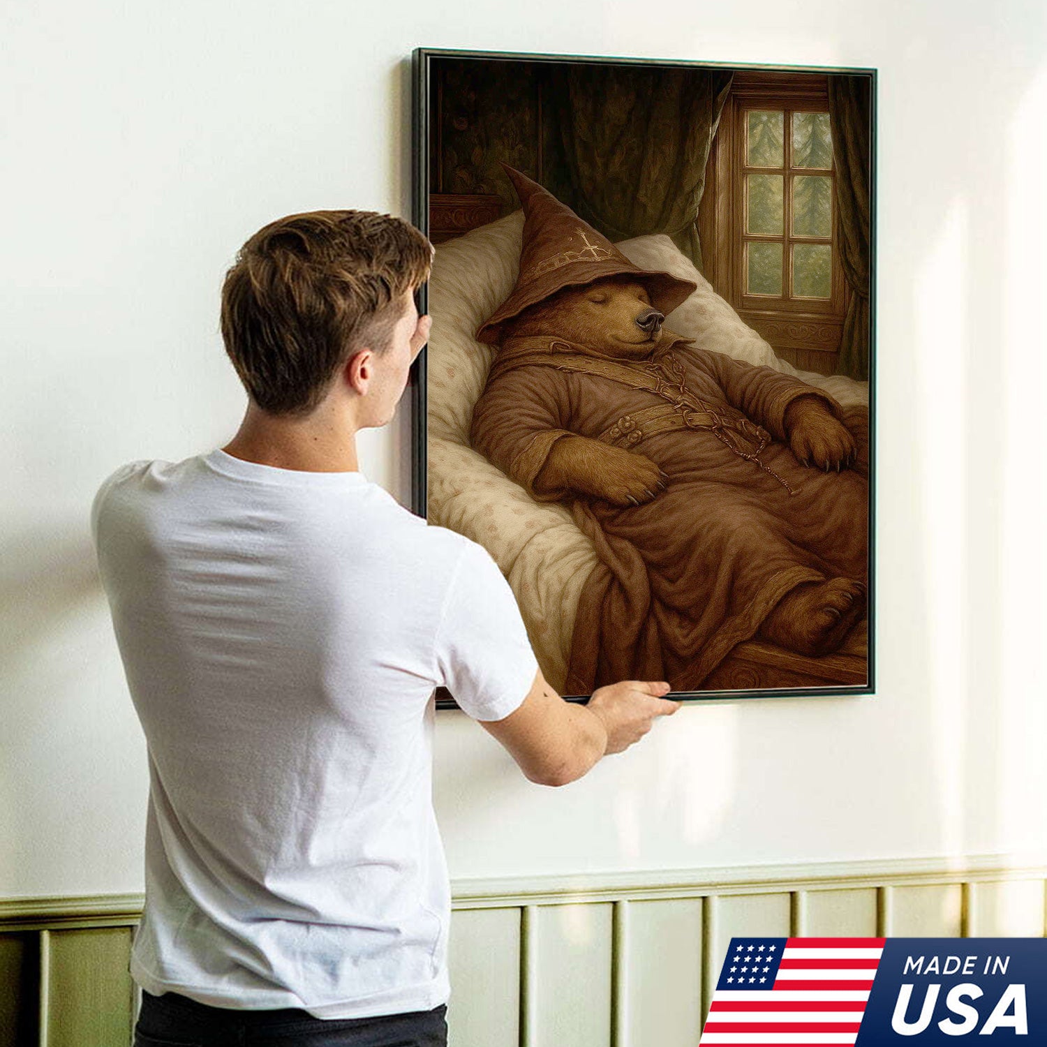 Sleeping Wizard Bear Canvas Wall Art, Cozy Fantasy Animal Poster