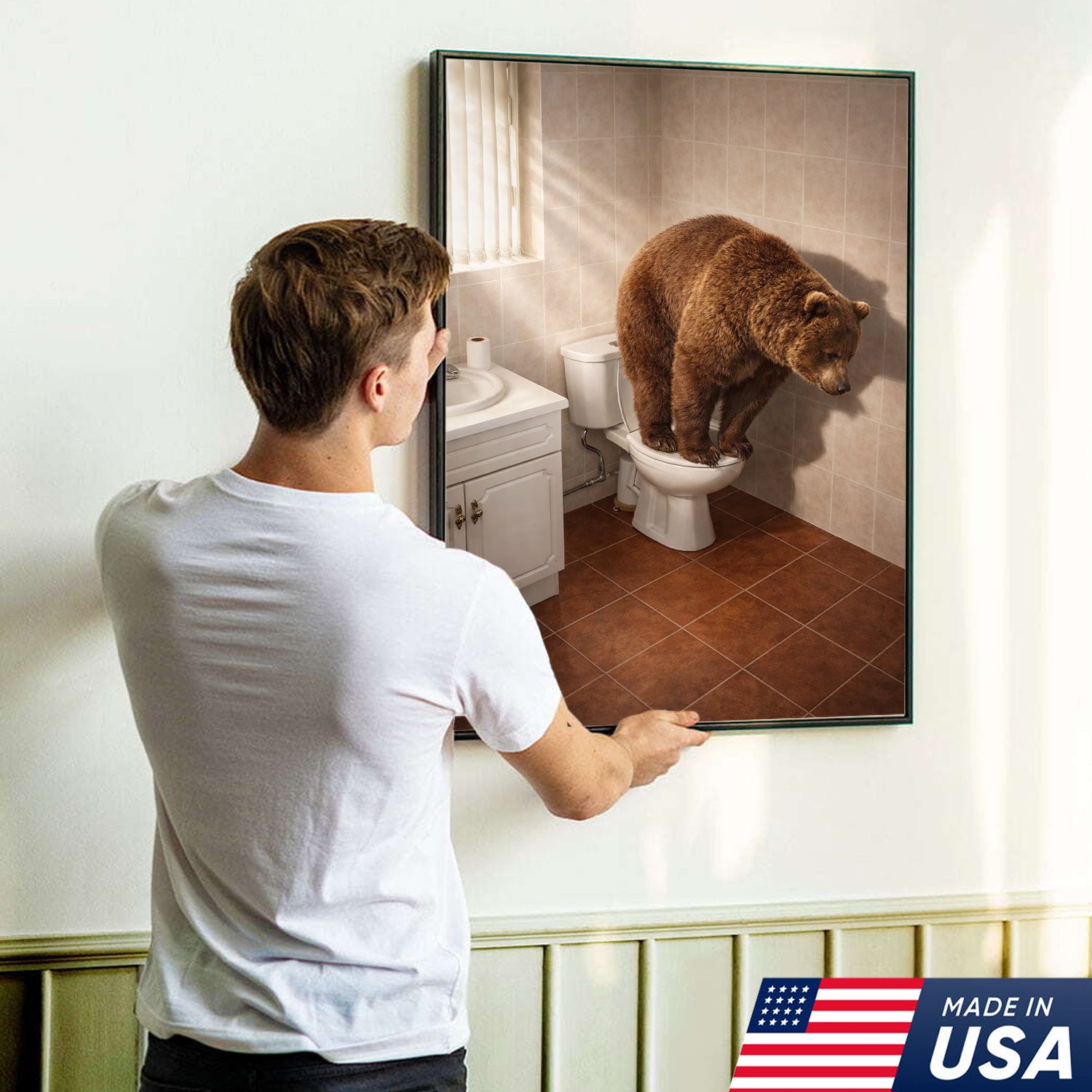 Funny Bear Toilet Canvas, Bathroom Humor Wall Art, Animal Decor