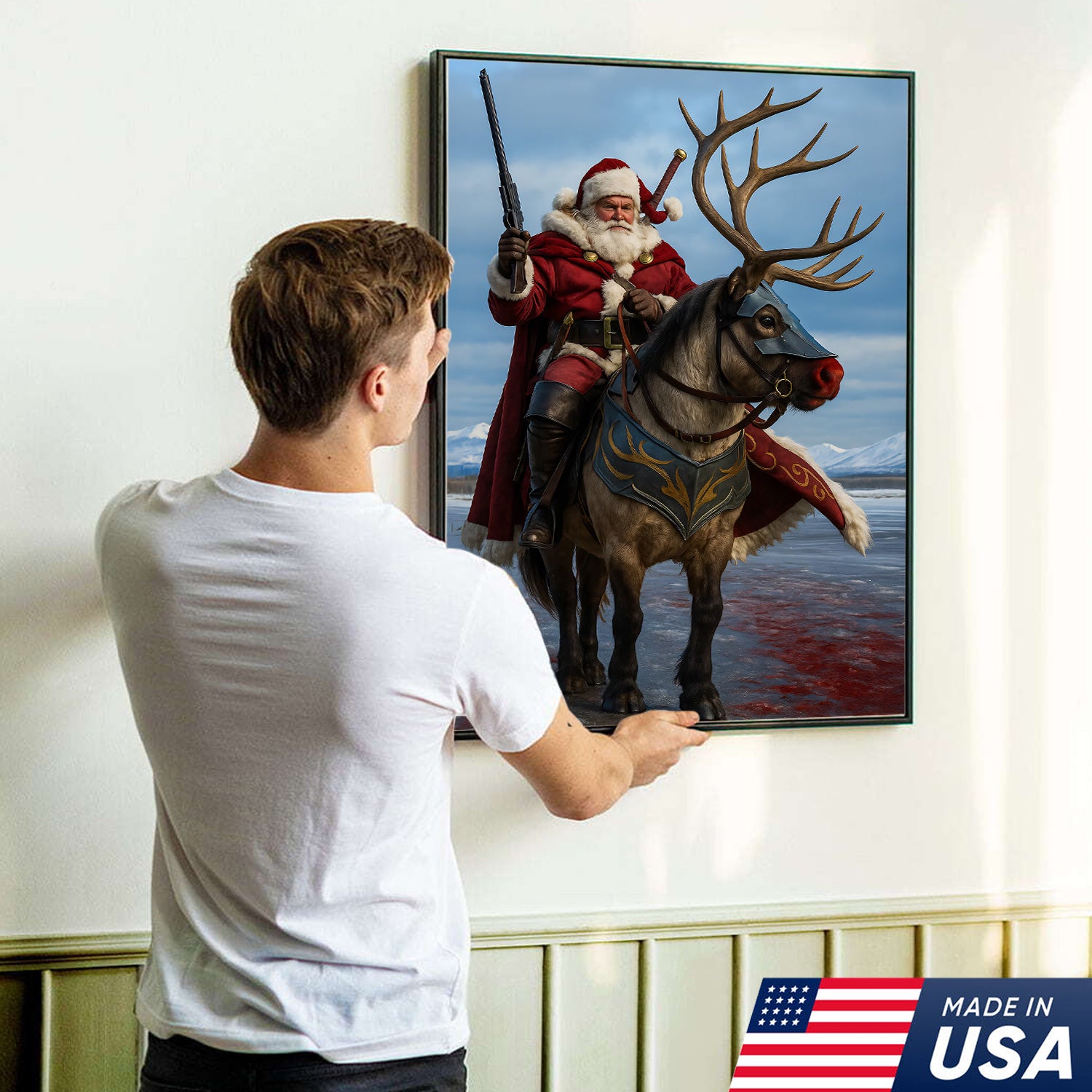 Epic Santa Riding Reindeer Canvas Wall Art, Fantasy Warrior Santa on Armored Reindeer Poster, Winter Christmas Wall Decor Print