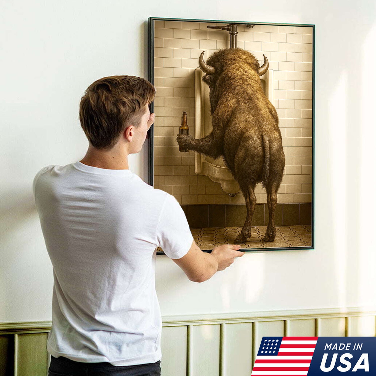Funny Bison Canvas Wall Art - Rustic Bathroom Lodge Decor for Hunters - Unique Wildlife Cabin Print