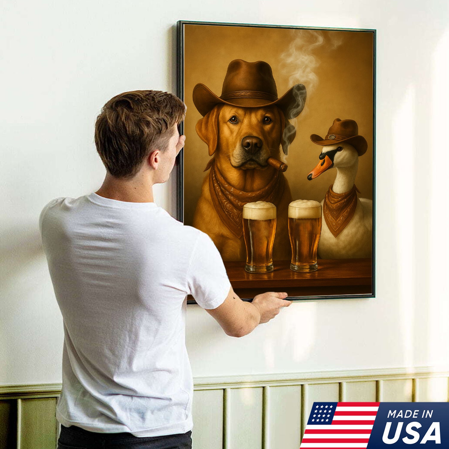 Funny Cowboy Dog & Geese Wall Art Canvas – Funny Beer & Smoking Canvas for Hunters, Cabin, Bar & Man Cave Decor