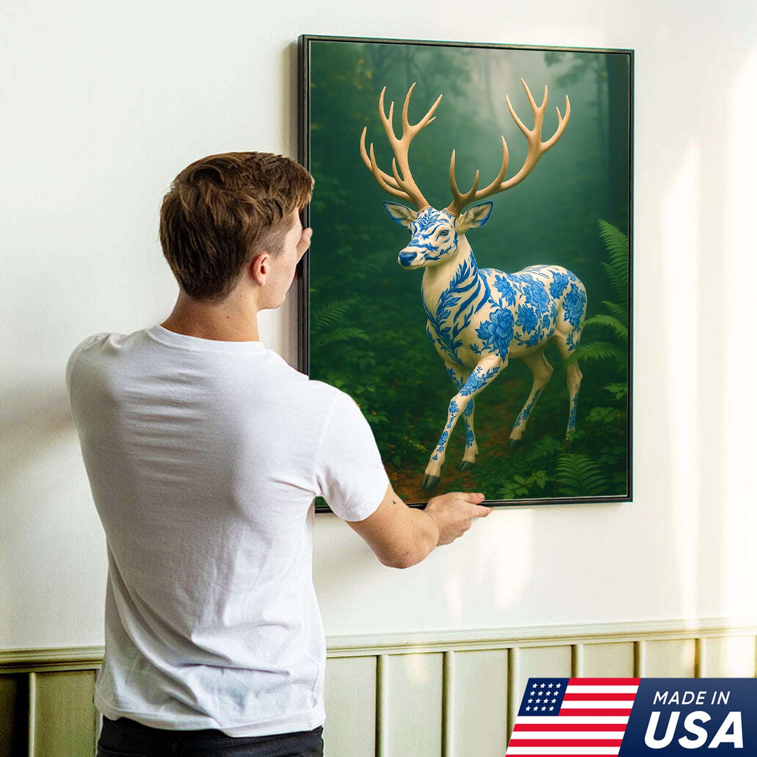 Blue Porcelain Deer Canvas, Elegant Woodland Art Print for Nature Lovers