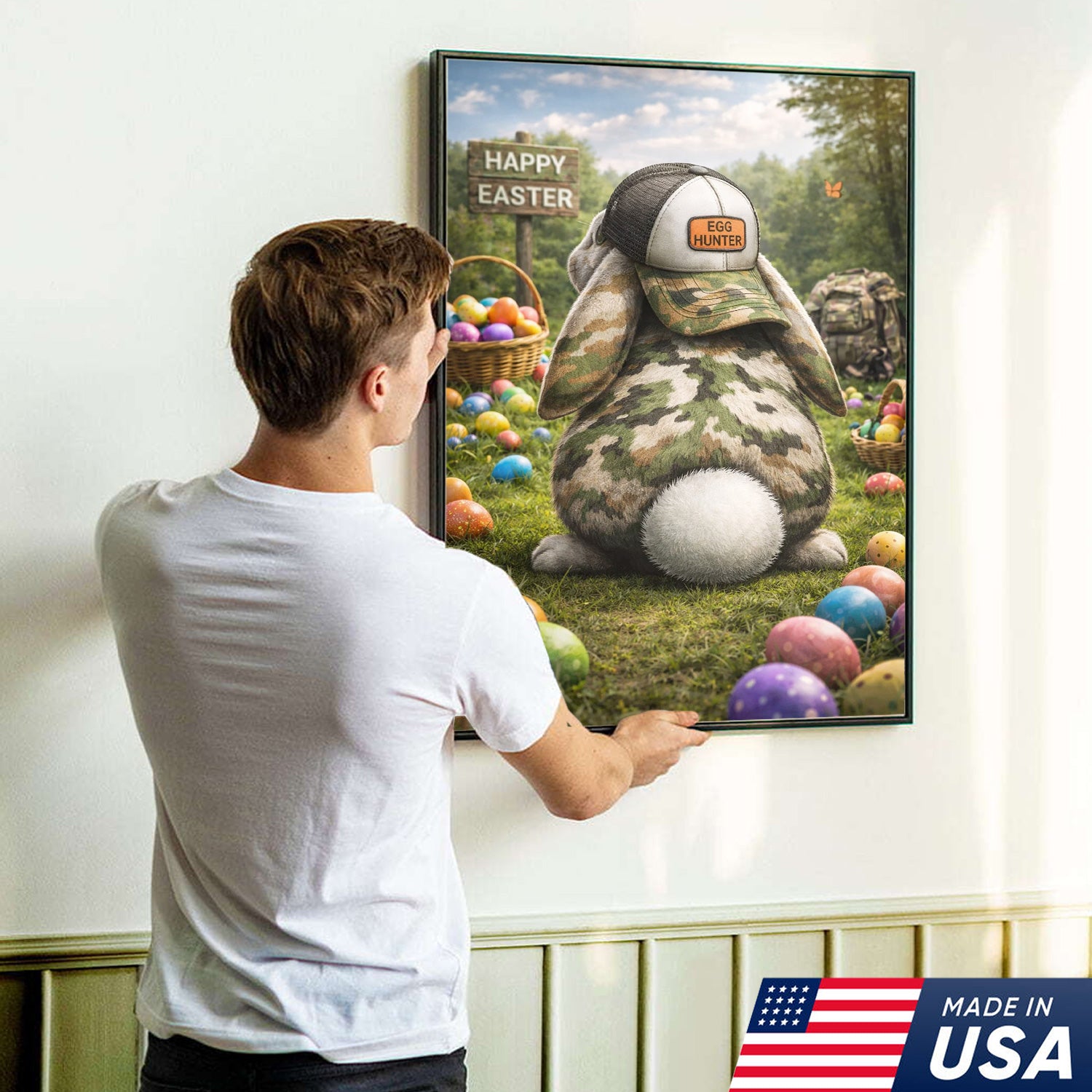 Funny Easter Bunny Hunter Canvas Wall Art, Camo Rabbit with Egg Hunter Hat