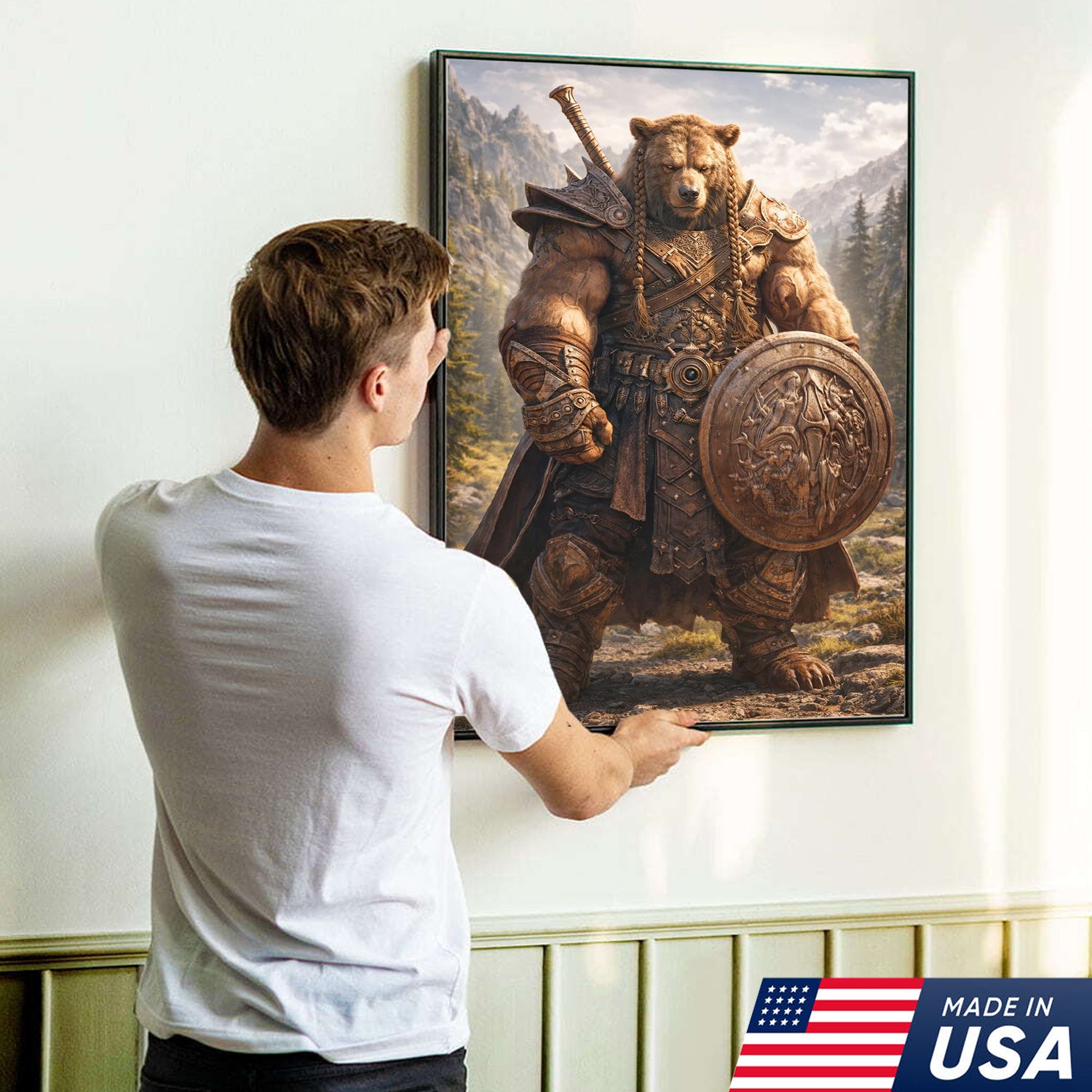 Viking Bear Warrior Canvas Wall Art – Epic Fantasy Animal Print with Sword & Shield