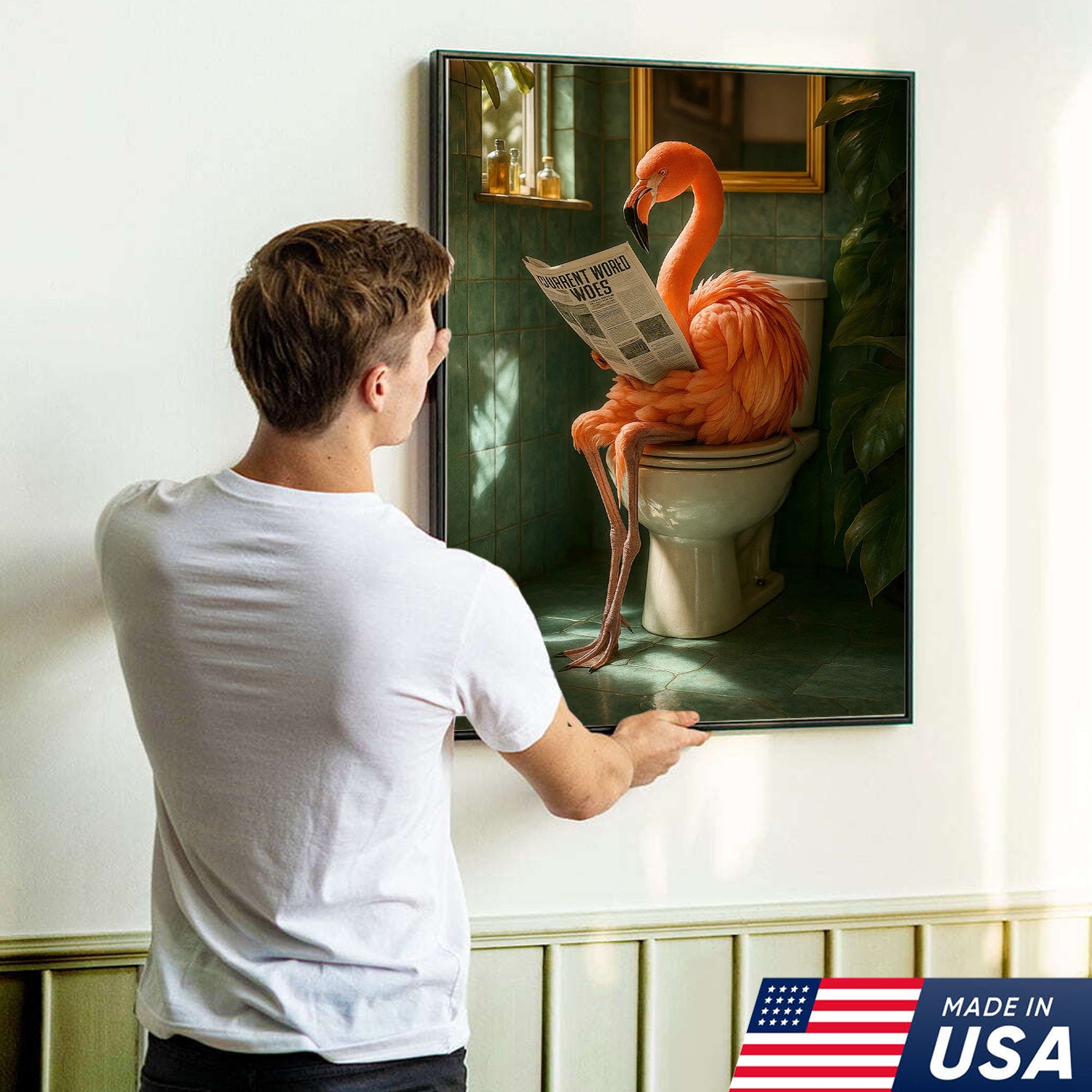 Funny Flamingo Bathroom Canvas Wall Art – Quirky Bird Reading Newspaper Print – Humorous Home Decor