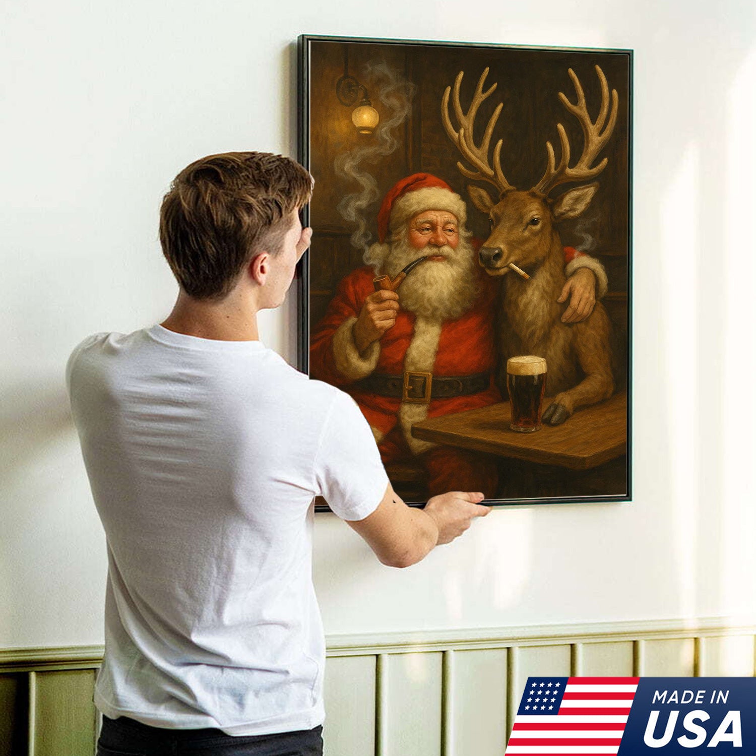 Funny Santa and Reindeer Wall Art Canvas – Rustic Christmas Lodge Decor – Holiday Deer Hunting Theme