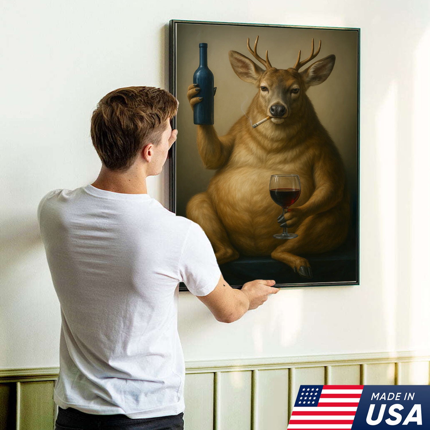 Funny Deer Wall Art Canvas – Fat Buck with Wine Glass Rustic Lodge Decor – Whimsical Wildlife Hunting Home Decoration