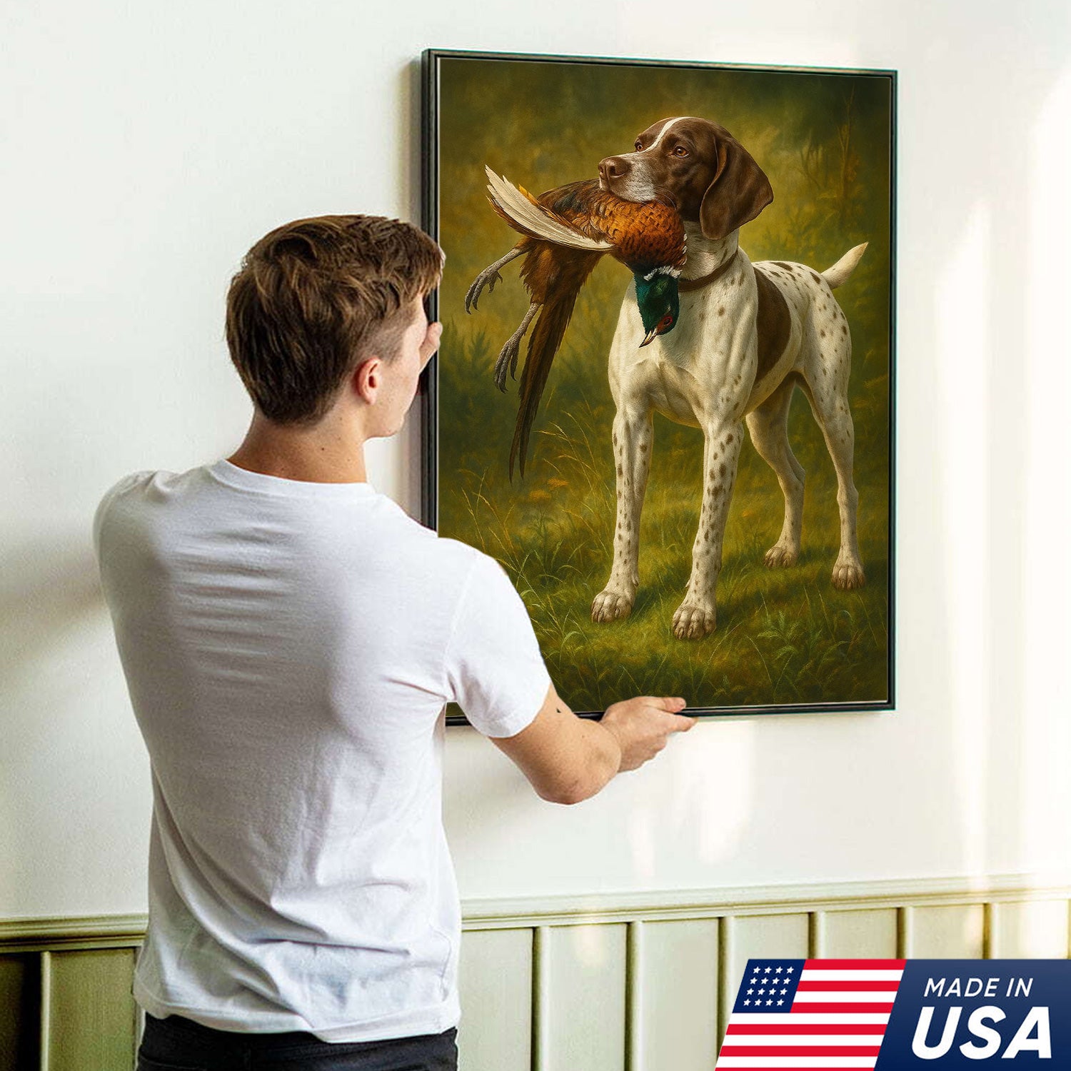 Hunting Dog Canvas Wall Art – Hunting Dog with Pheasant – Rustic Wildlife Canvas Print for Hunter Lodge Decor