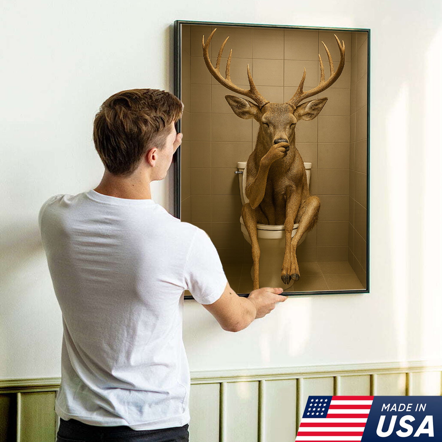 Funny Deer Bathroom Canvas Wall Art – Rustic Toilet Canvas for Cabin, Lodge & Man Cave Decor