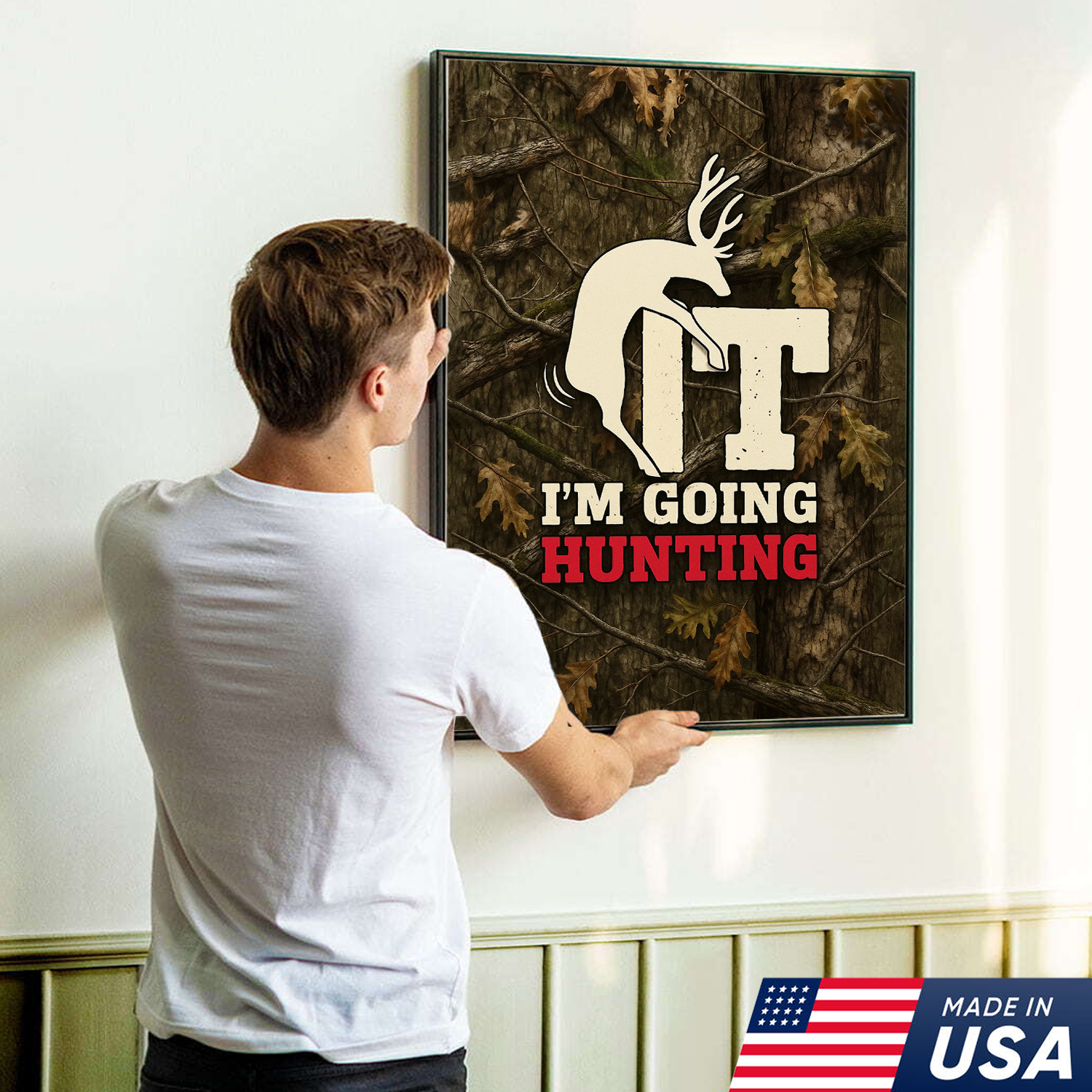 Funny Deer Hunting Canvas Wall Art - Rustic Camo Design for Hunters - Man Cave and Cabin Decor