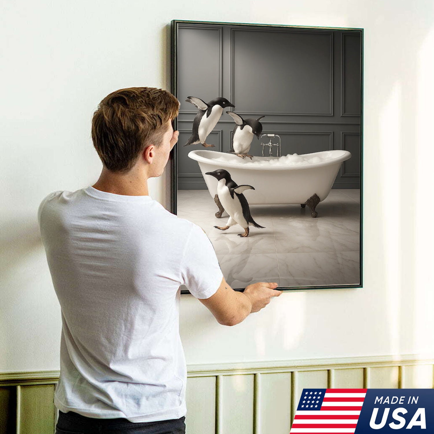 Penguin Bathroom Wall Art Canvas, Cute Penguins Bubble Bath Kids Bathroom Decor