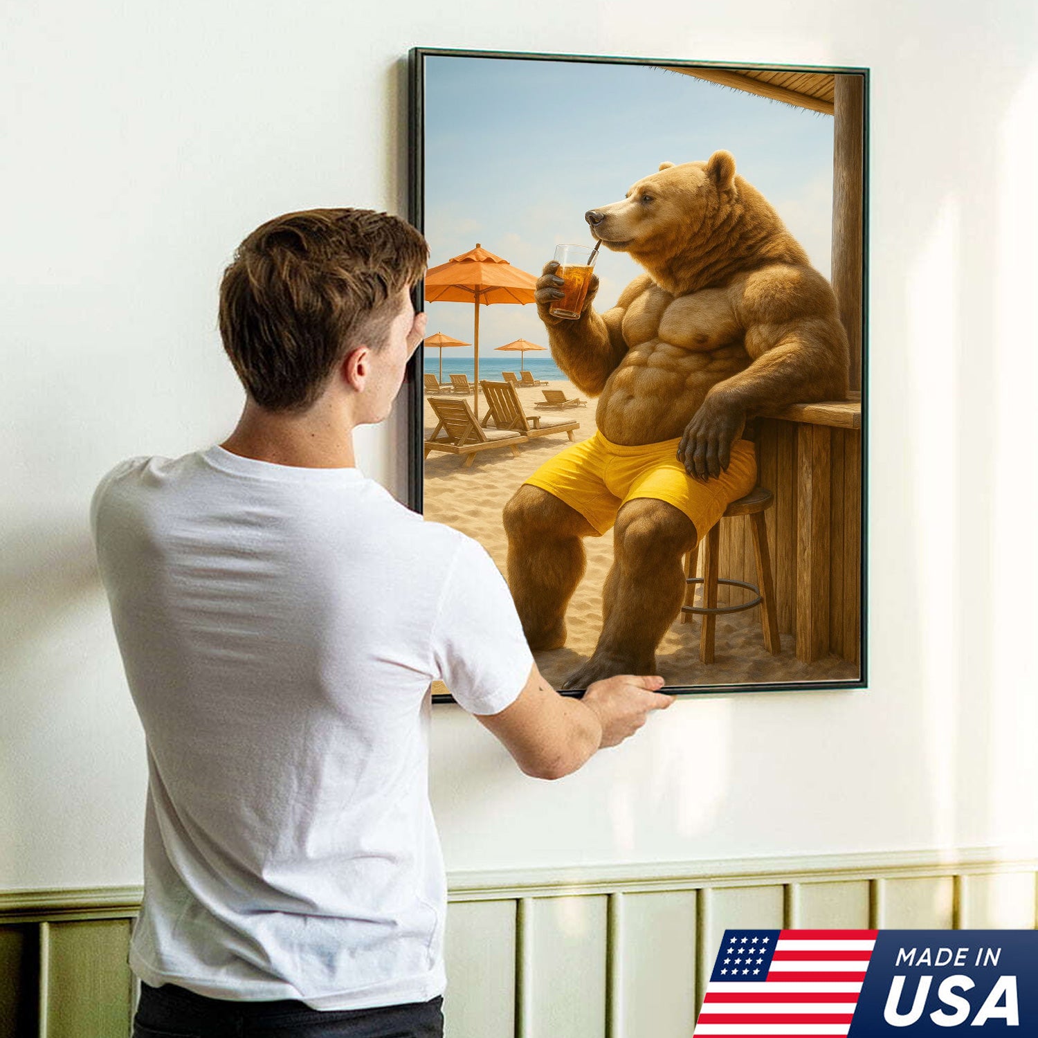 Funny Beach Bear Canvas Wall Art, Summer Vacation Animal Artwork, Humorous Muscle Bear Decor, Tropical Coastal Cabin Painting