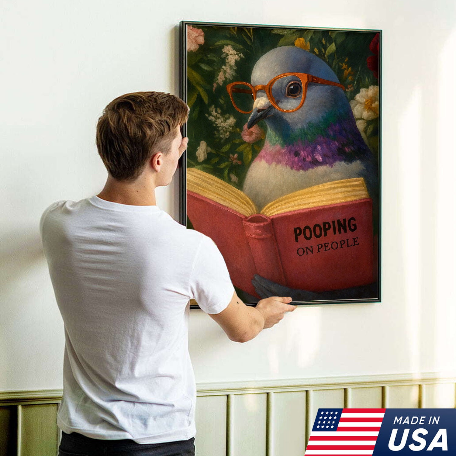 Funny Pigeon Canvas Wall Art - Reading Bird with Glasses Design - Quirky Animal Artwork for Home Decor