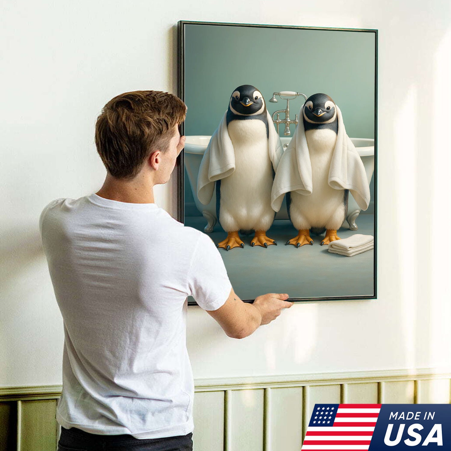 Cute Penguin Twins Bathroom Wall Art Canvas, Adorable Towel Penguins Kids Bath Decor