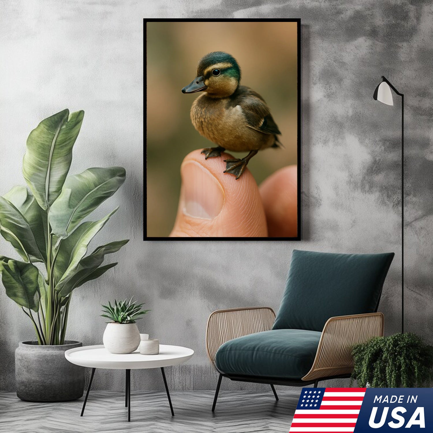 Cute Baby Duck Canvas Wall Art - Adorable Duckling Perched on Finger - Nature Wildlife Artwork for Home Decor