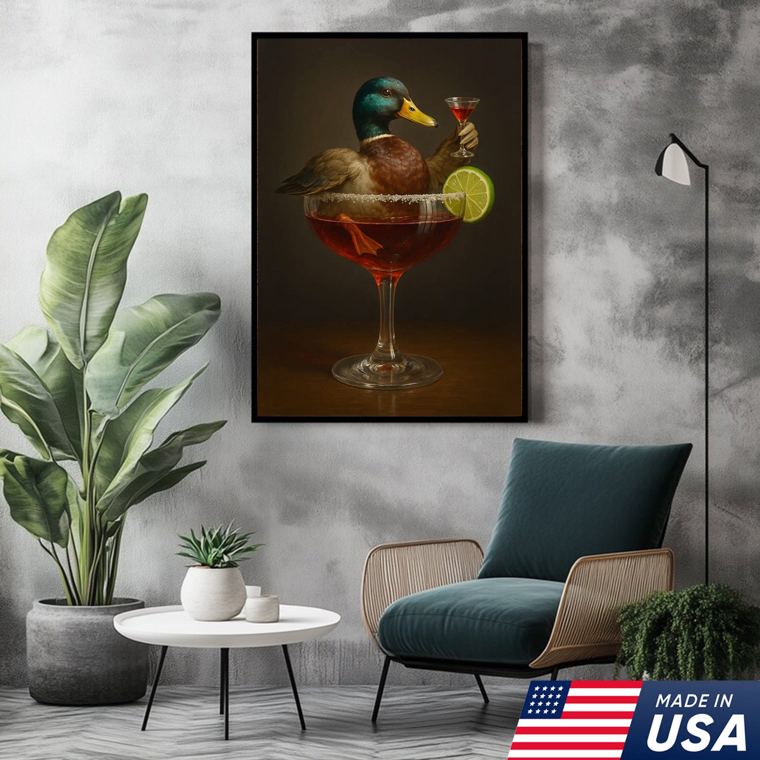 Funny Mallard Duck Canvas Wall Art - Quirky Animal in Cocktail Glass Design - Unique Wildlife Artwork for Home Decor