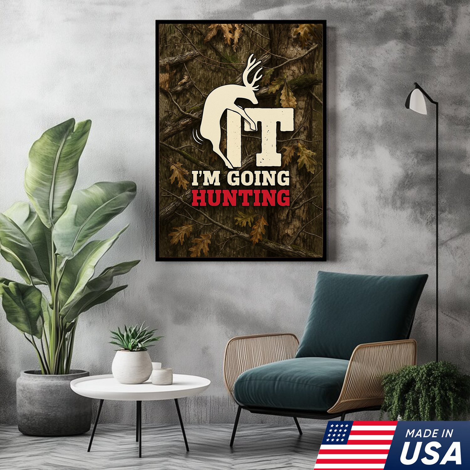 Funny Deer Hunting Canvas Wall Art - Rustic Camo Design for Hunters - Man Cave and Cabin Decor