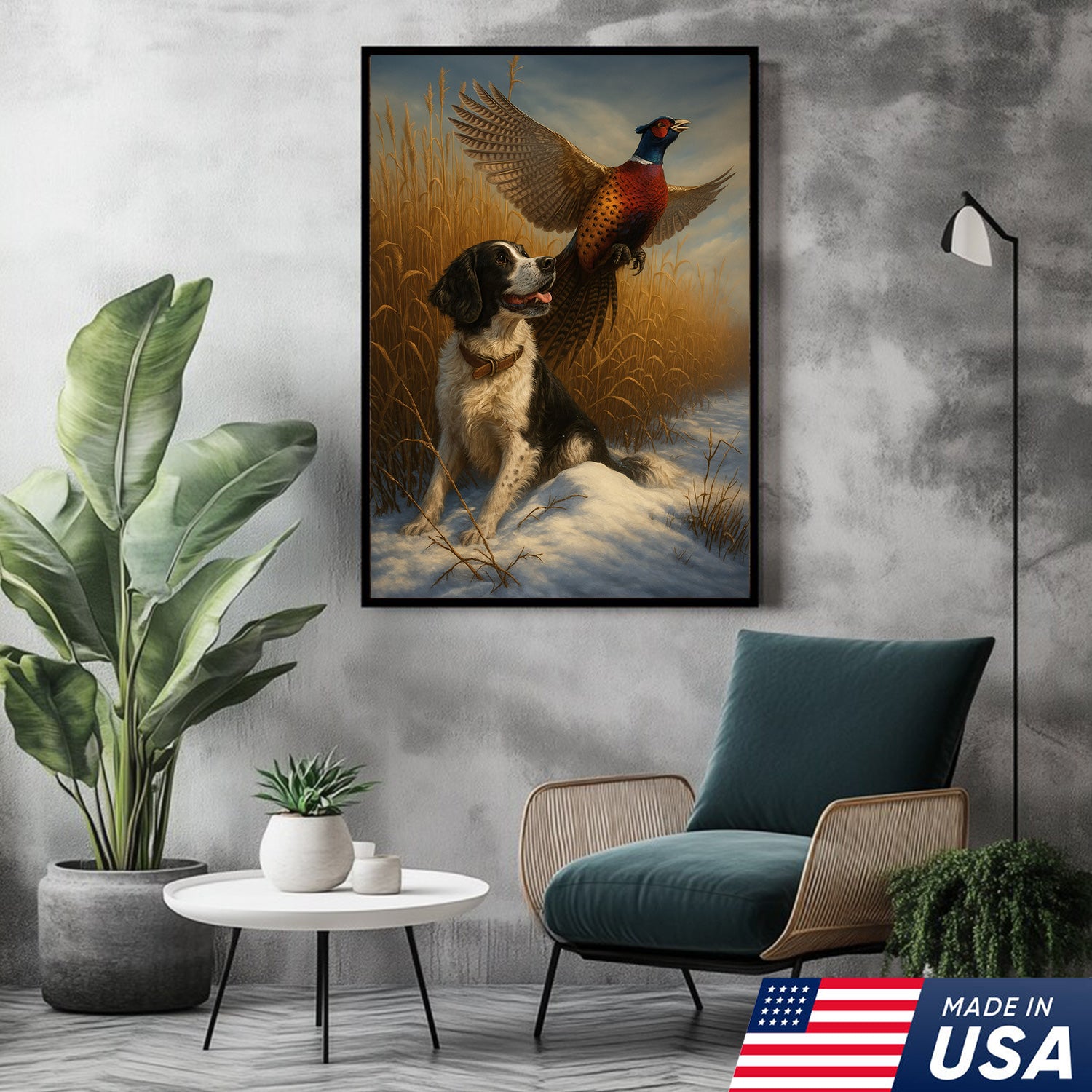 Hunting Dog & Pheasant in Winter Field Canvas – Classic Wildlife Wall Art for Lodge & Nature Decor
