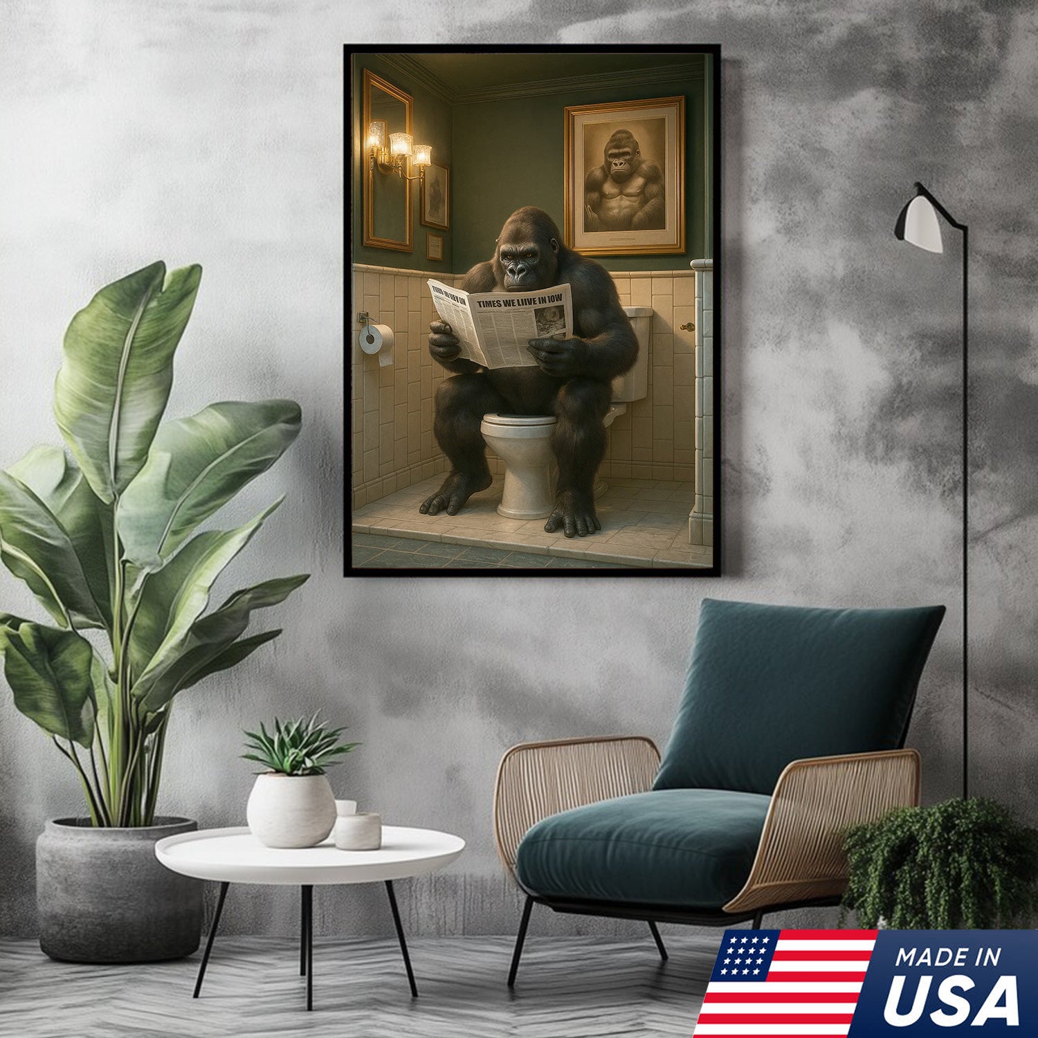 Funny Gorilla Bathroom Wall Art Canvas, Toilet Humor Decor for Men’s Restroom