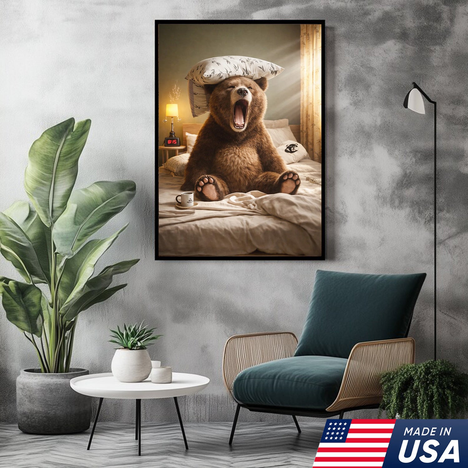 Funny Sleepy Bear Canvas Wall Art, Yawning Bear in Bed with Pillow, Cozy Bedroom Animal Art