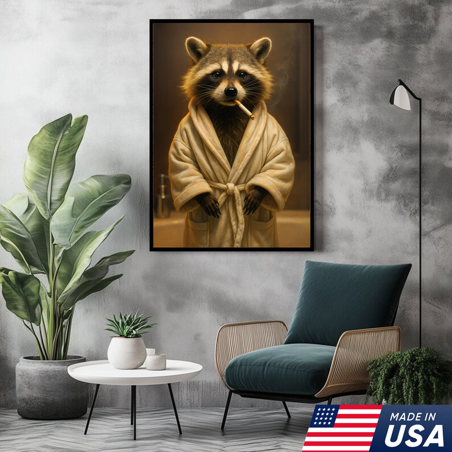 Hilarious Raccoon Bathrobe Canvas – Cozy Bathroom Humor Wall Art, Man Cave Decor