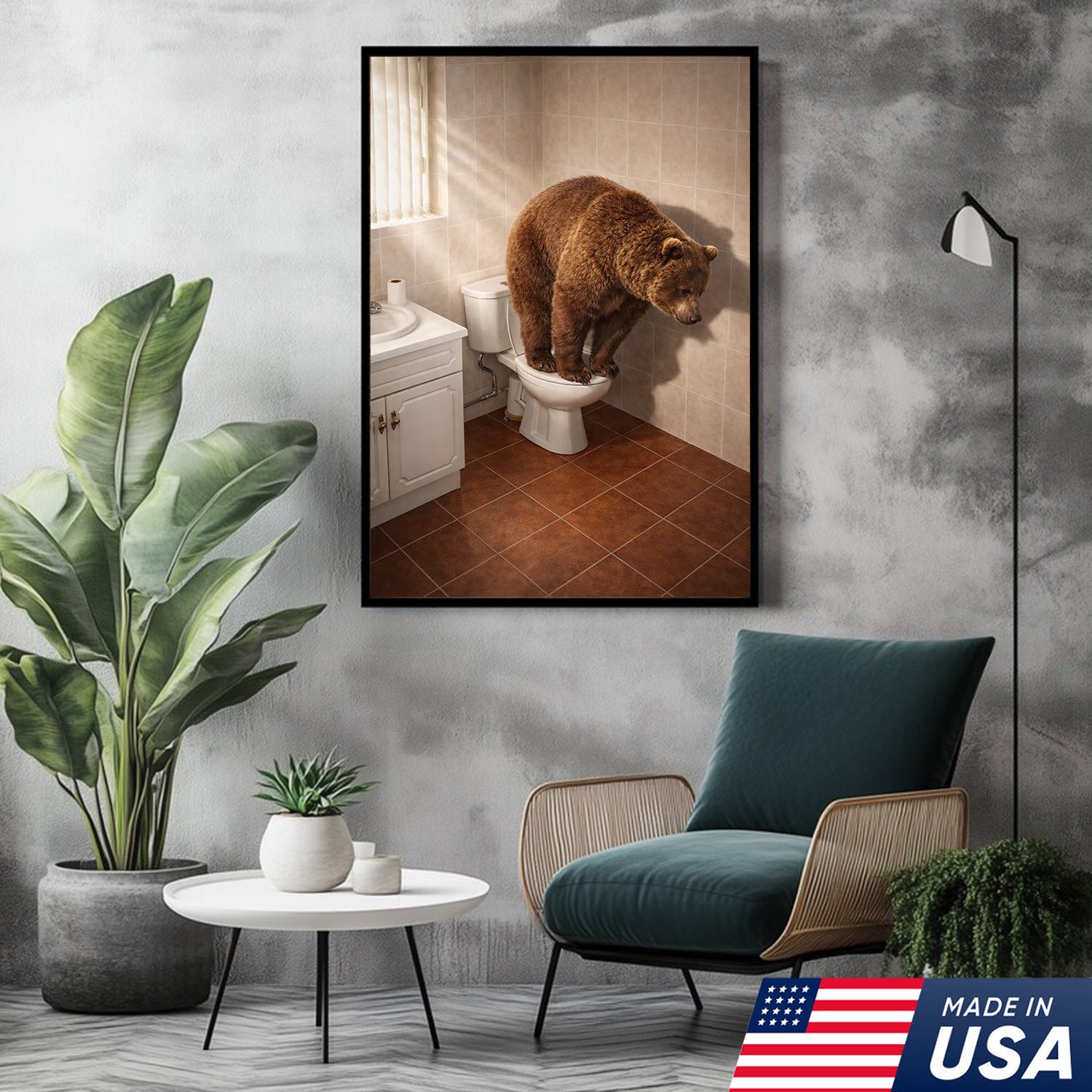 Funny Bear Toilet Canvas, Bathroom Humor Wall Art, Animal Decor