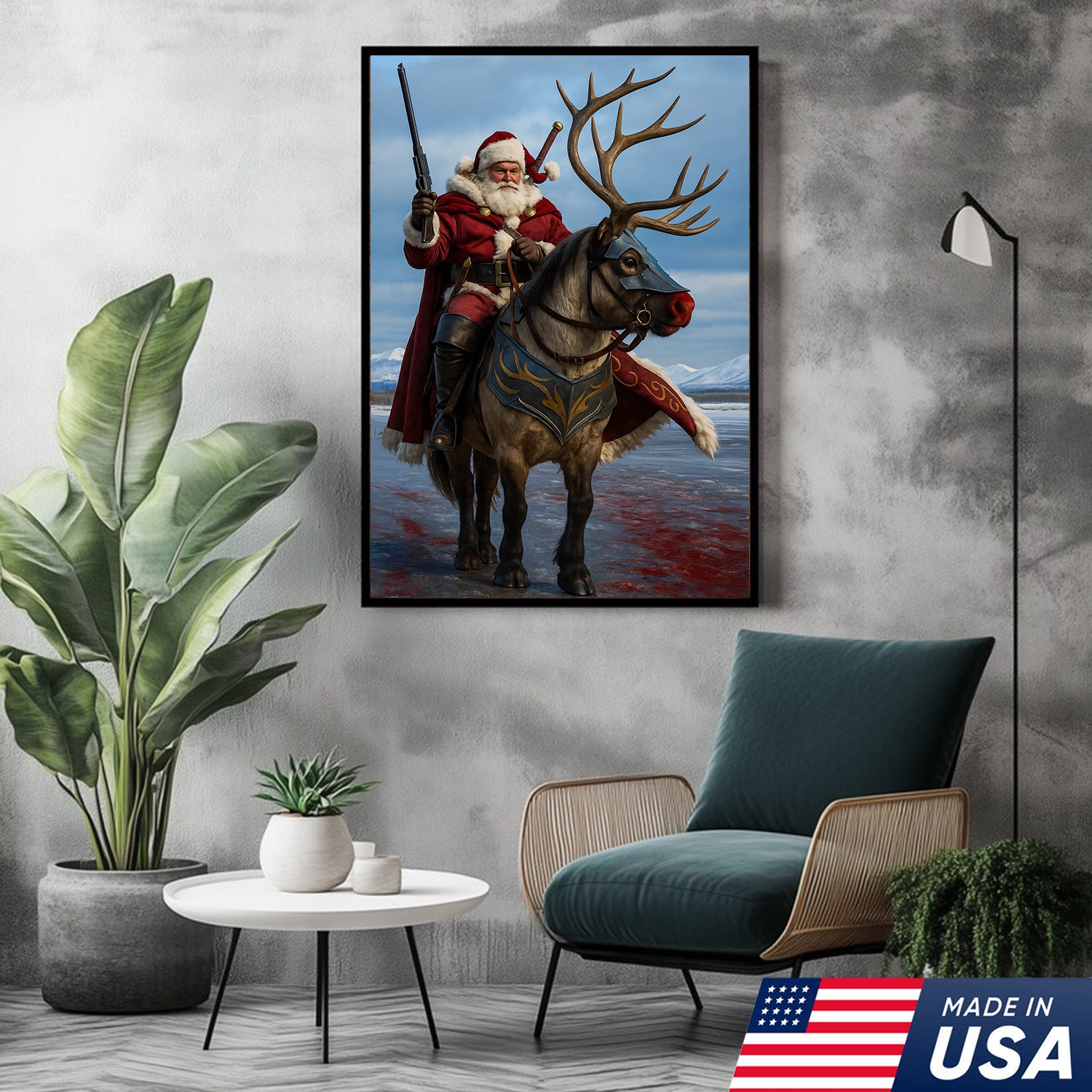 Epic Santa Riding Reindeer Canvas Wall Art, Fantasy Warrior Santa on Armored Reindeer Poster, Winter Christmas Wall Decor Print