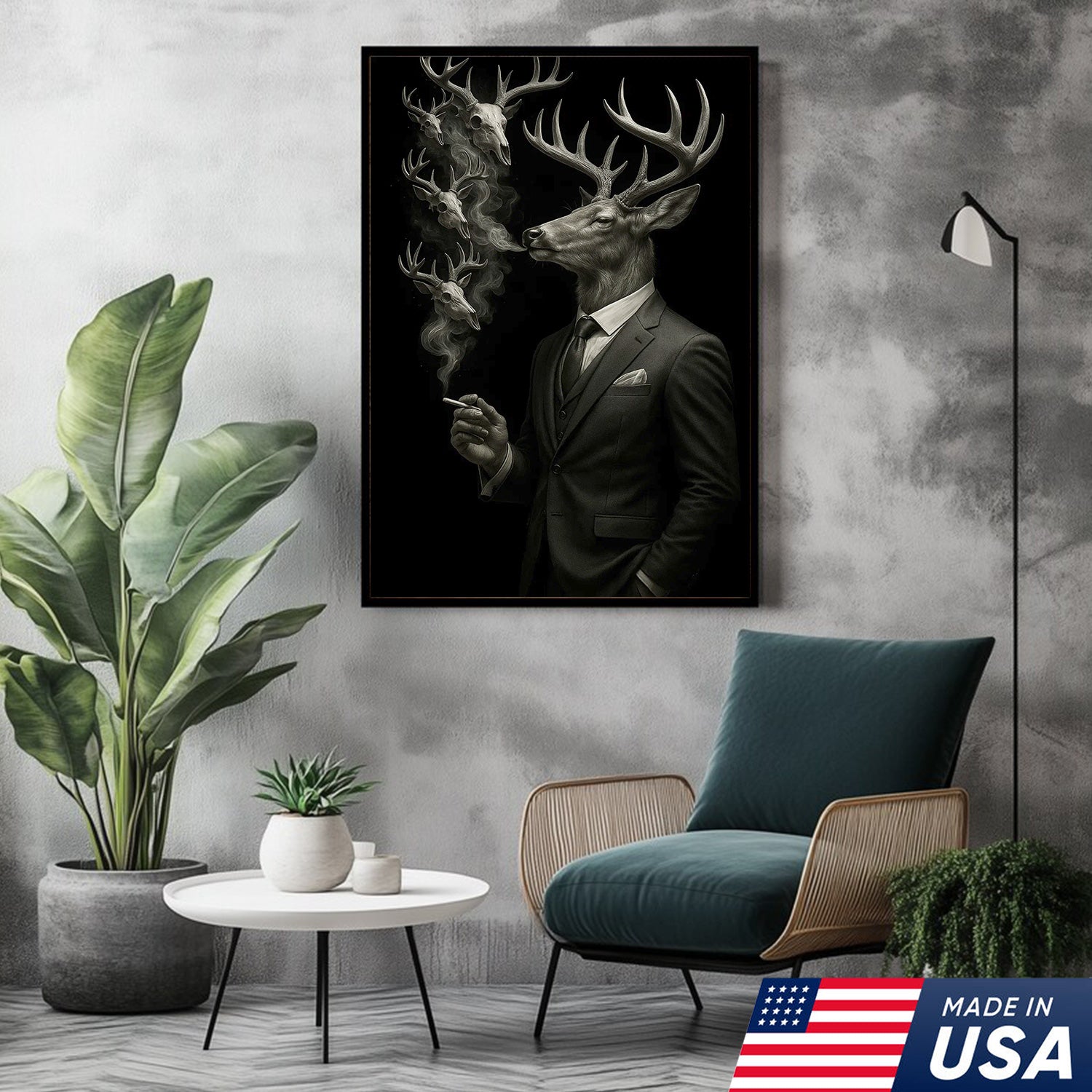 Gentleman Deer Canvas Wall Art, Elegant Buck in Suit Artwork, Rustic Cabin Decor for Hunters, Modern Wildlife Portrait Painting