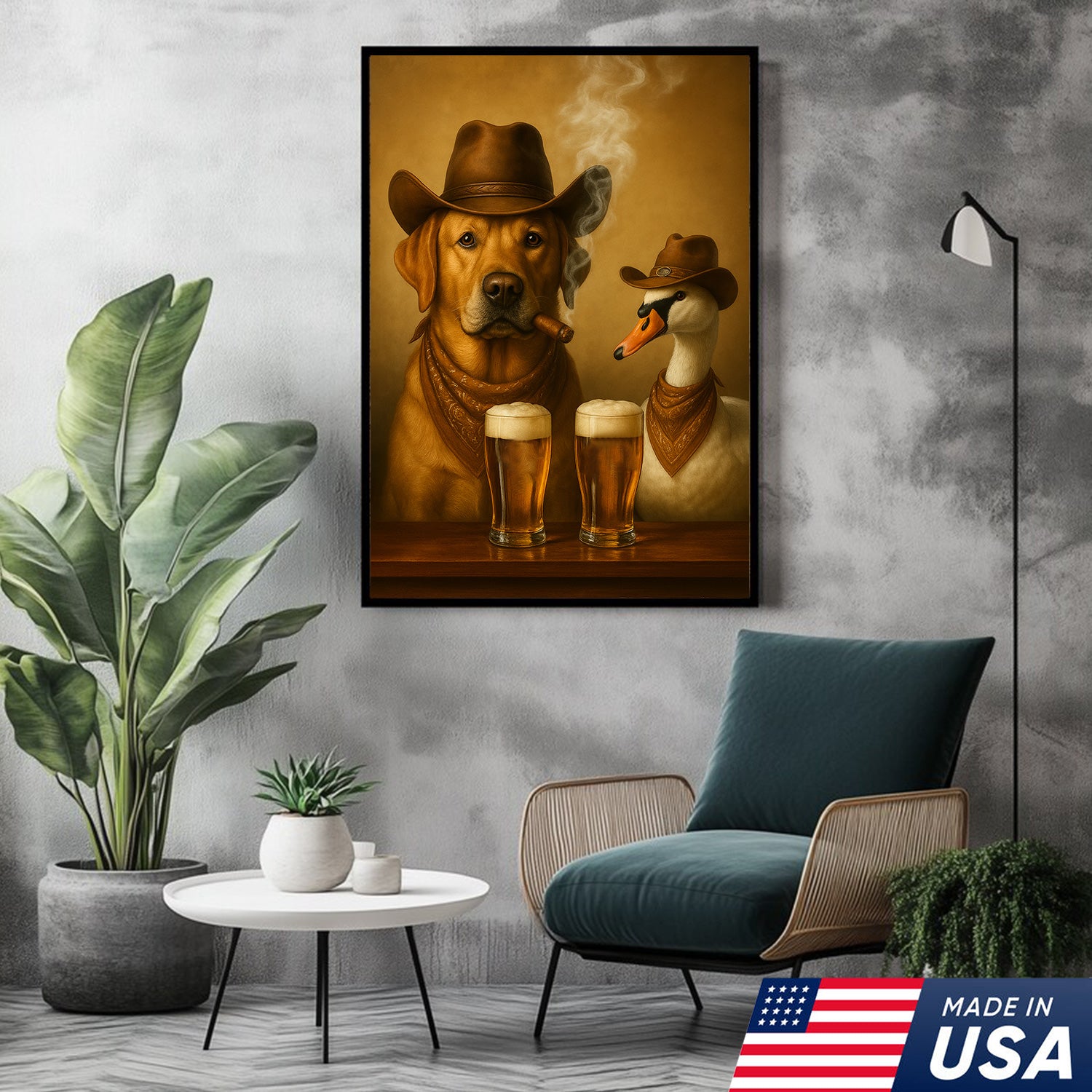 Funny Cowboy Dog & Geese Wall Art Canvas – Funny Beer & Smoking Canvas for Hunters, Cabin, Bar & Man Cave Decor
