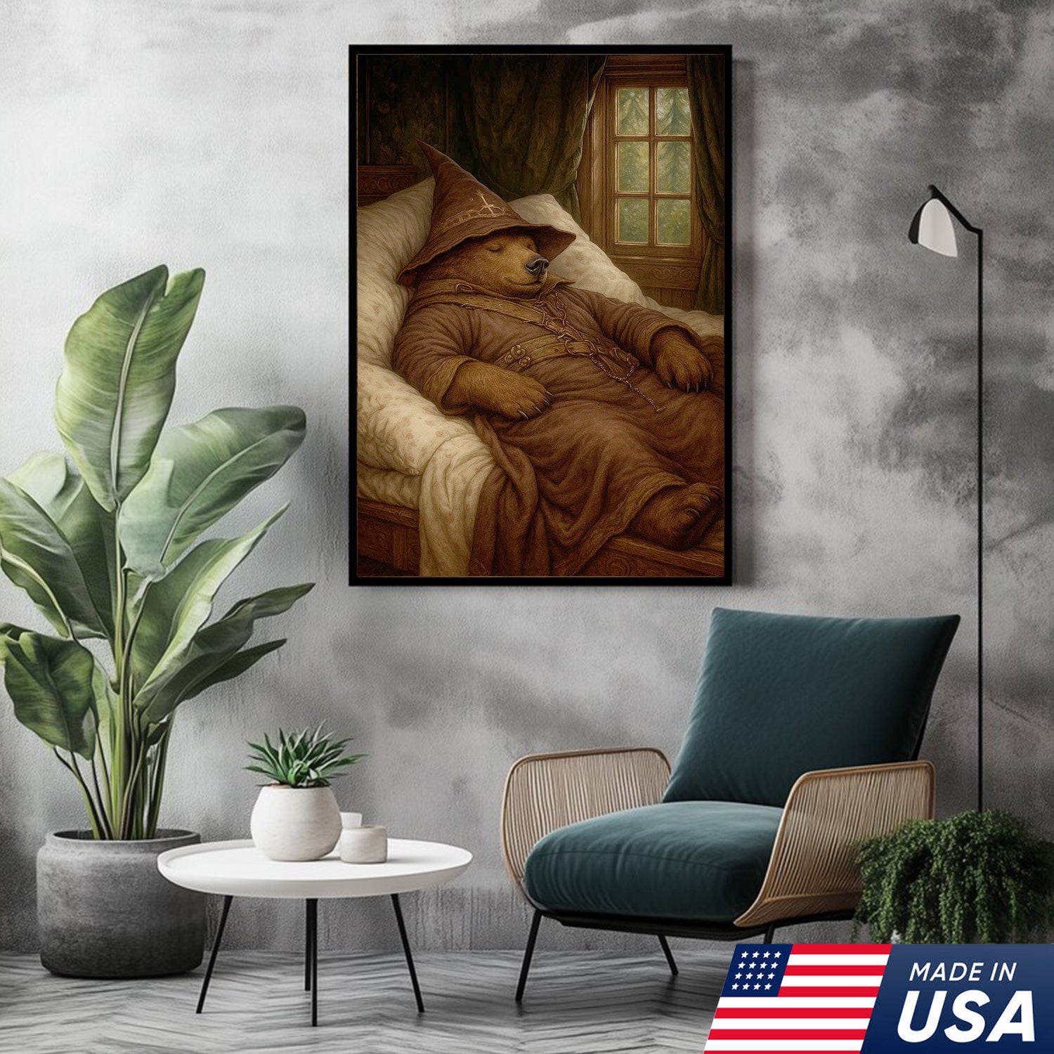 Sleeping Wizard Bear Canvas Wall Art, Cozy Fantasy Animal Poster