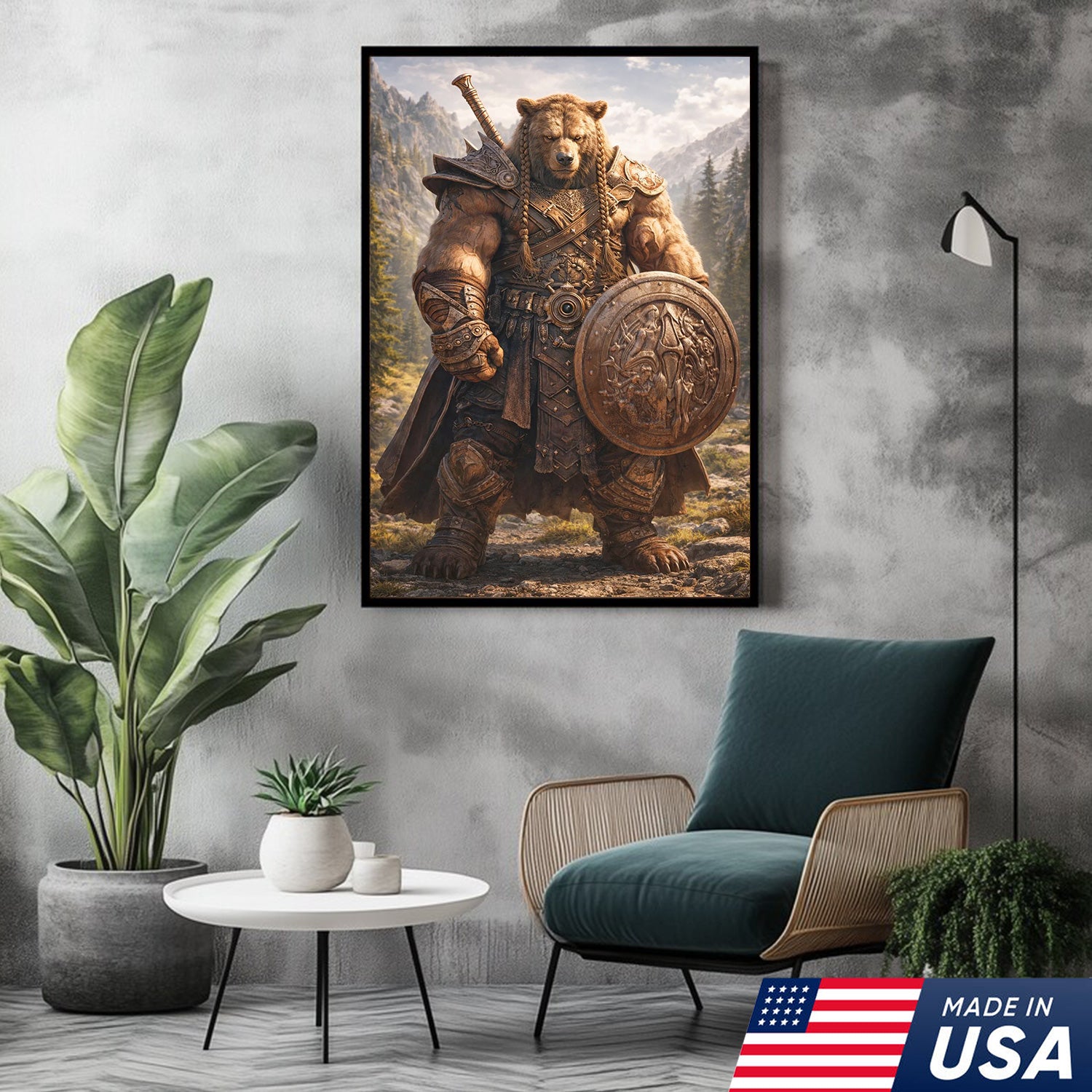 Viking Bear Warrior Canvas Wall Art – Epic Fantasy Animal Print with Sword & Shield