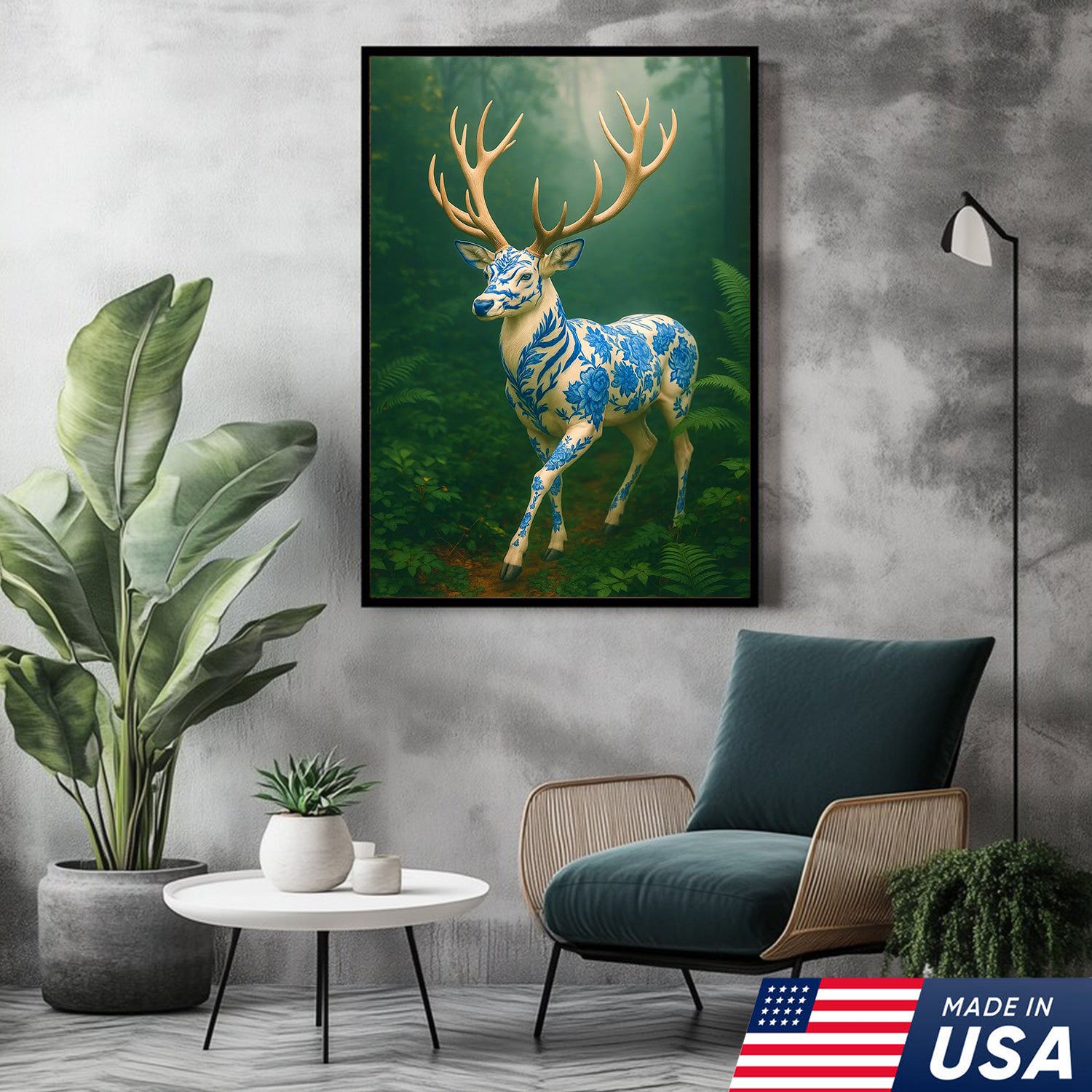 Blue Porcelain Deer Canvas, Elegant Woodland Art Print for Nature Lovers