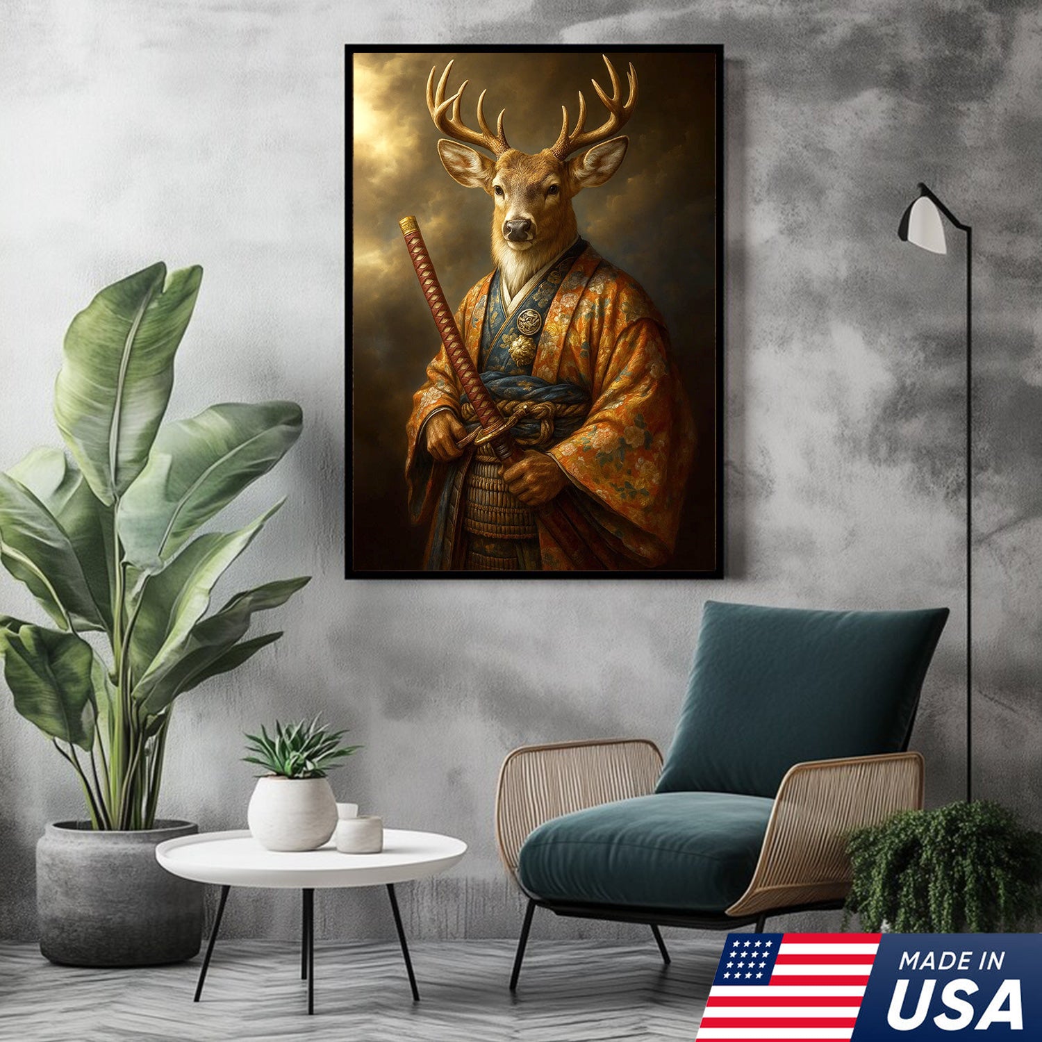 Deer Canvas Wall Art – Majestic Samurai Buck with Katana Warrior Rustic Lodge Decor