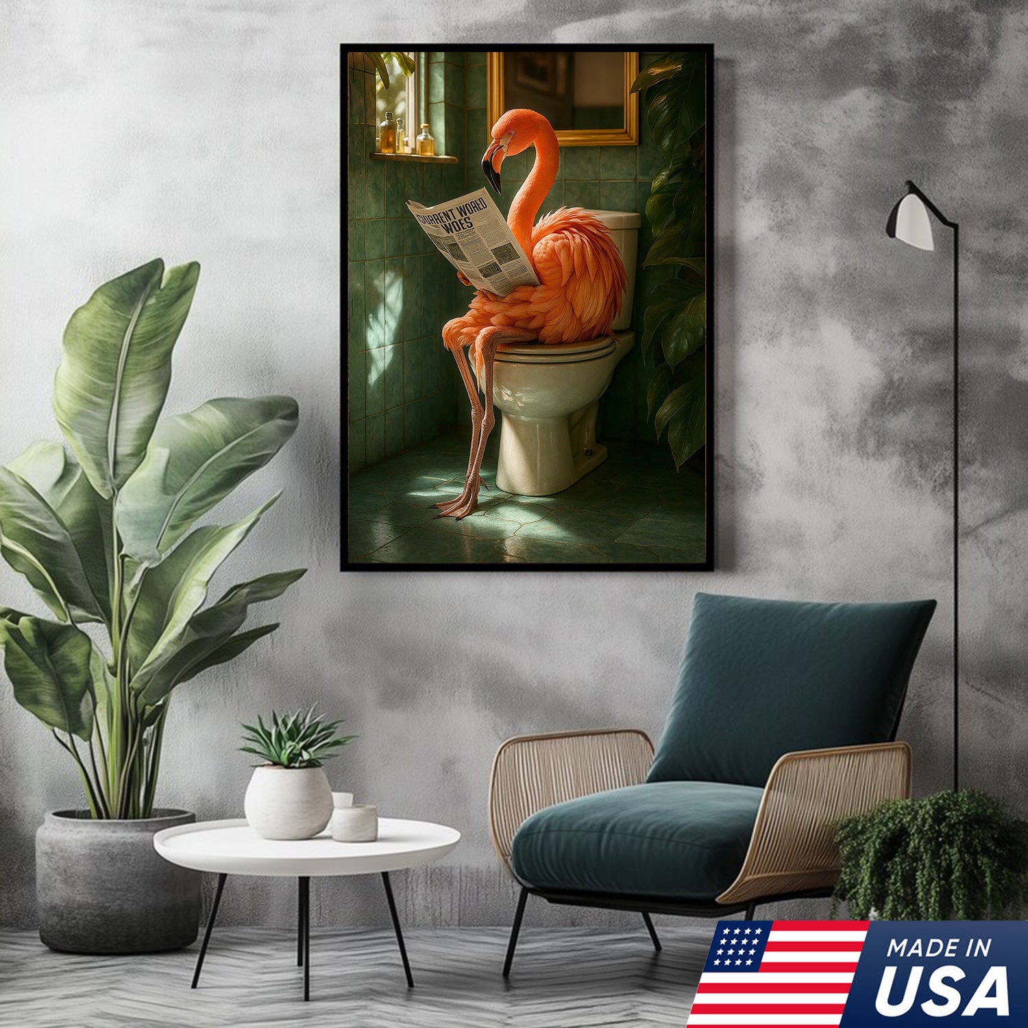 Funny Flamingo Bathroom Canvas Wall Art – Quirky Bird Reading Newspaper Print – Humorous Home Decor