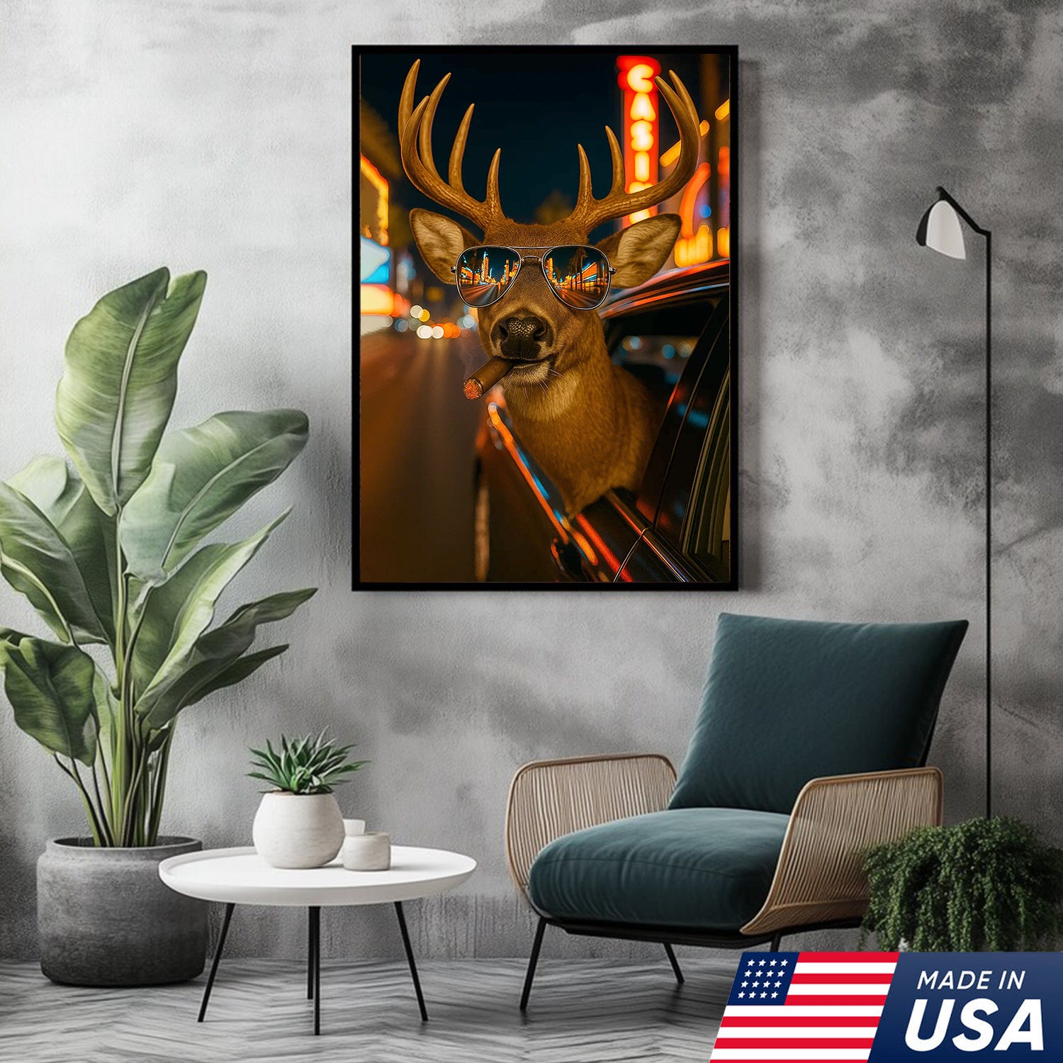 Cool Deer Canvas Wall Art - Funny Rustic Lodge Decor with Sunglasses and Night City Vibes - Unique Wildlife Cabin Print