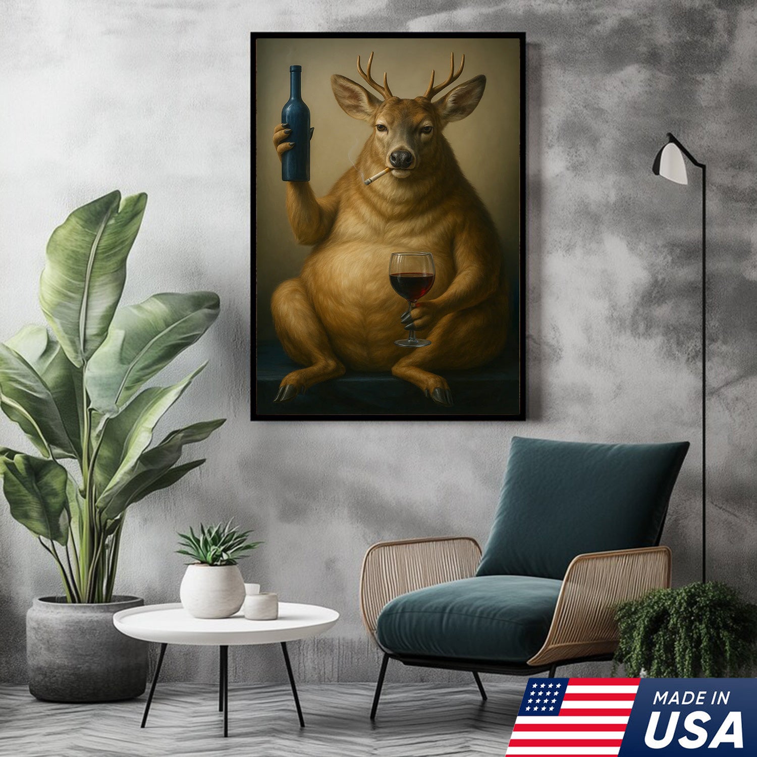 Funny Deer Wall Art Canvas – Fat Buck with Wine Glass Rustic Lodge Decor – Whimsical Wildlife Hunting Home Decoration