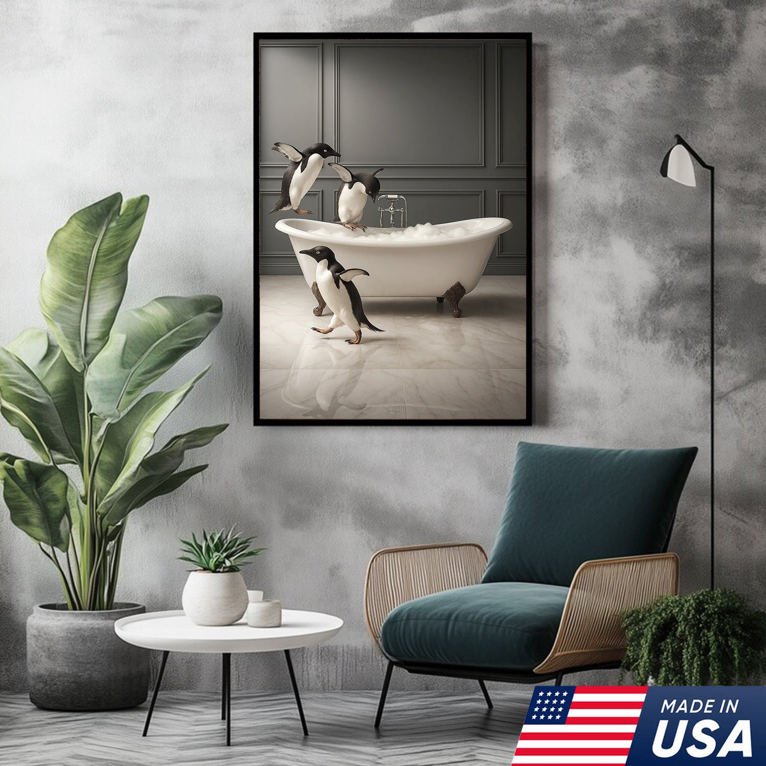 Penguin Bathroom Wall Art Canvas, Cute Penguins Bubble Bath Kids Bathroom Decor
