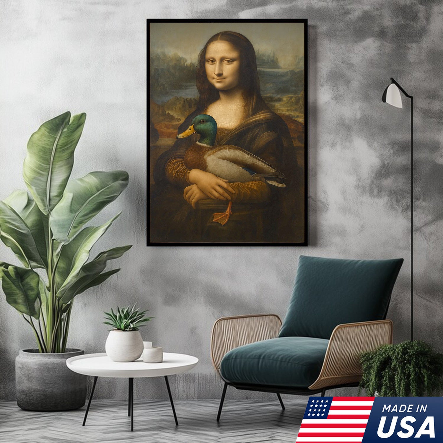 Funny Mona Lisa Duck Canvas Wall Art, Quirky Parody Painting Print for Bathroom or Office