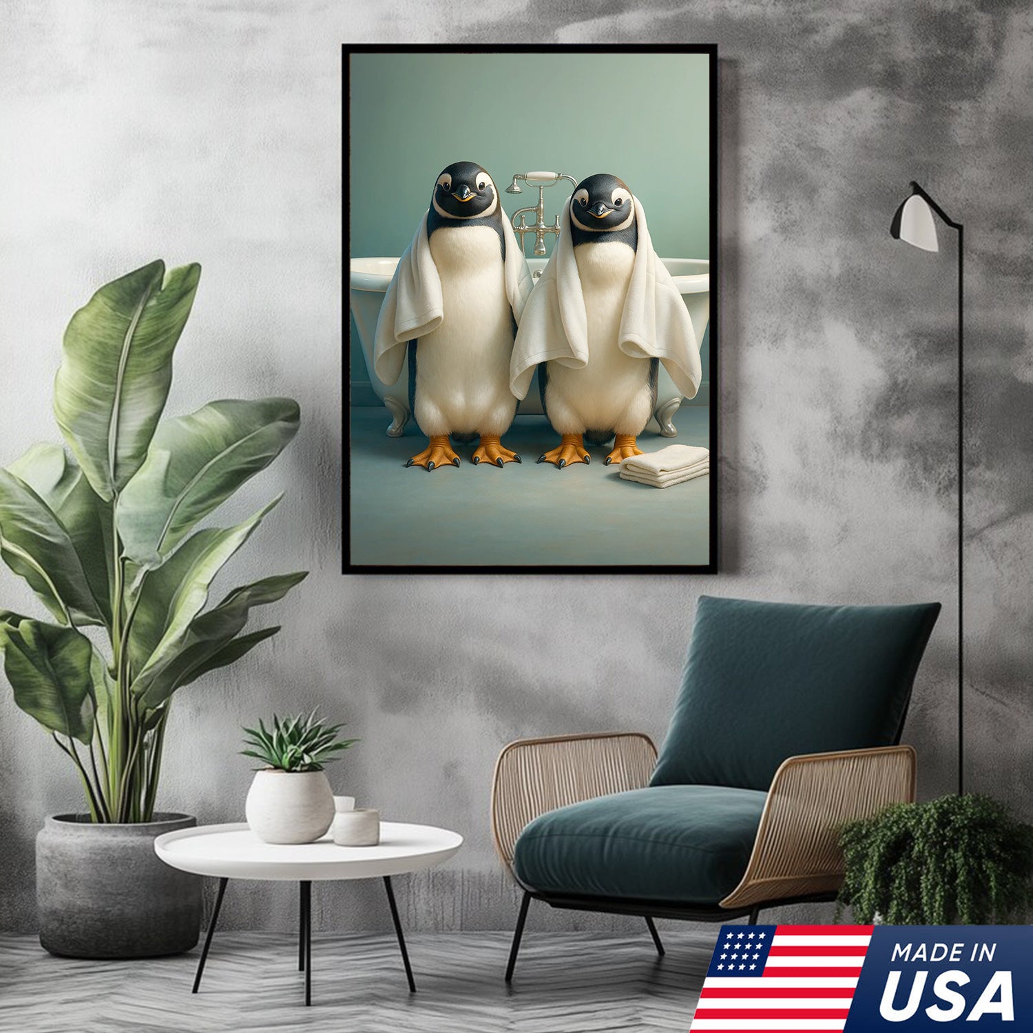 Cute Penguin Twins Bathroom Wall Art Canvas, Adorable Towel Penguins Kids Bath Decor