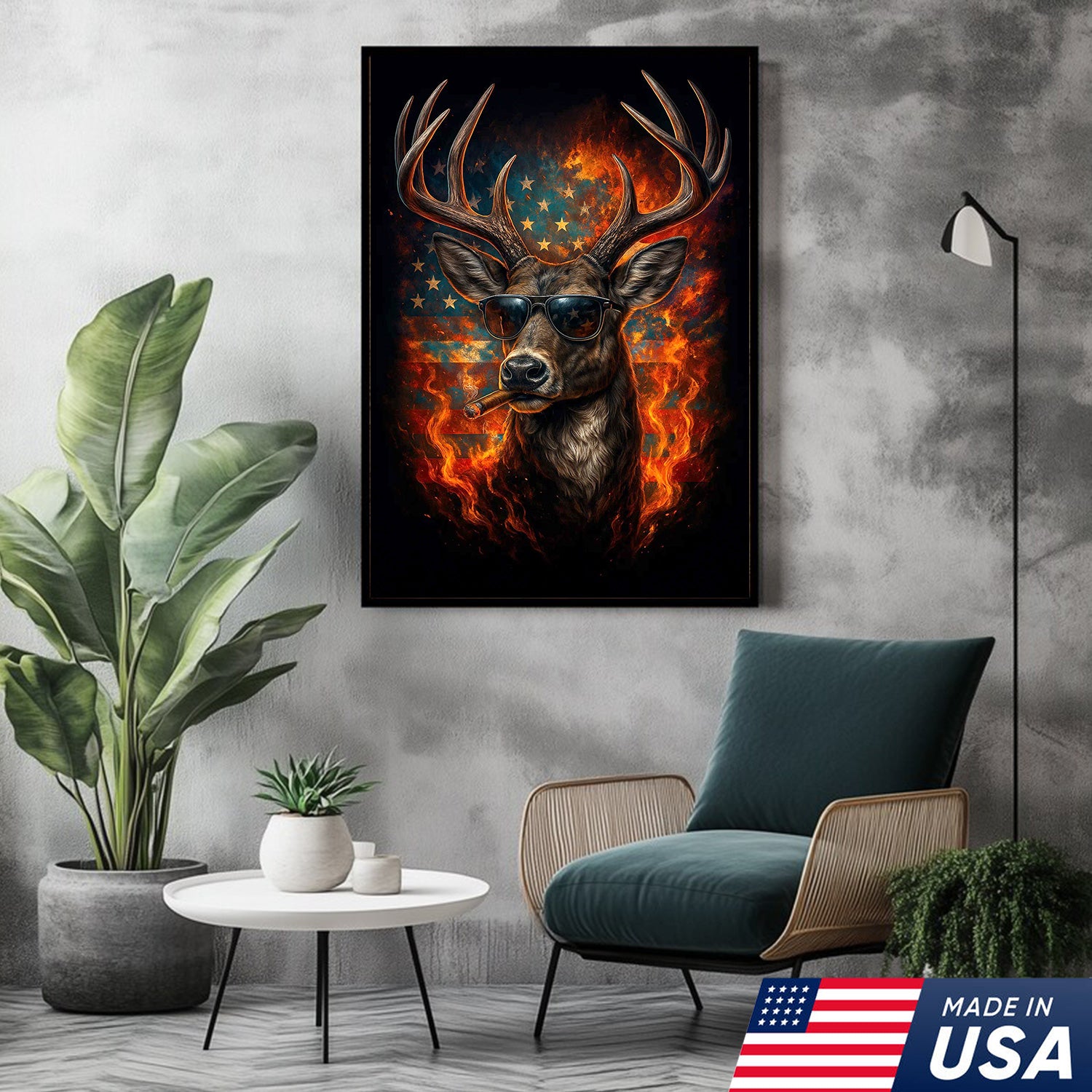 Patriotic Deer Wall Art Canvas – Cool Buck with Sunglasses and American Flag – Rustic Hunting Lodge Decor USA