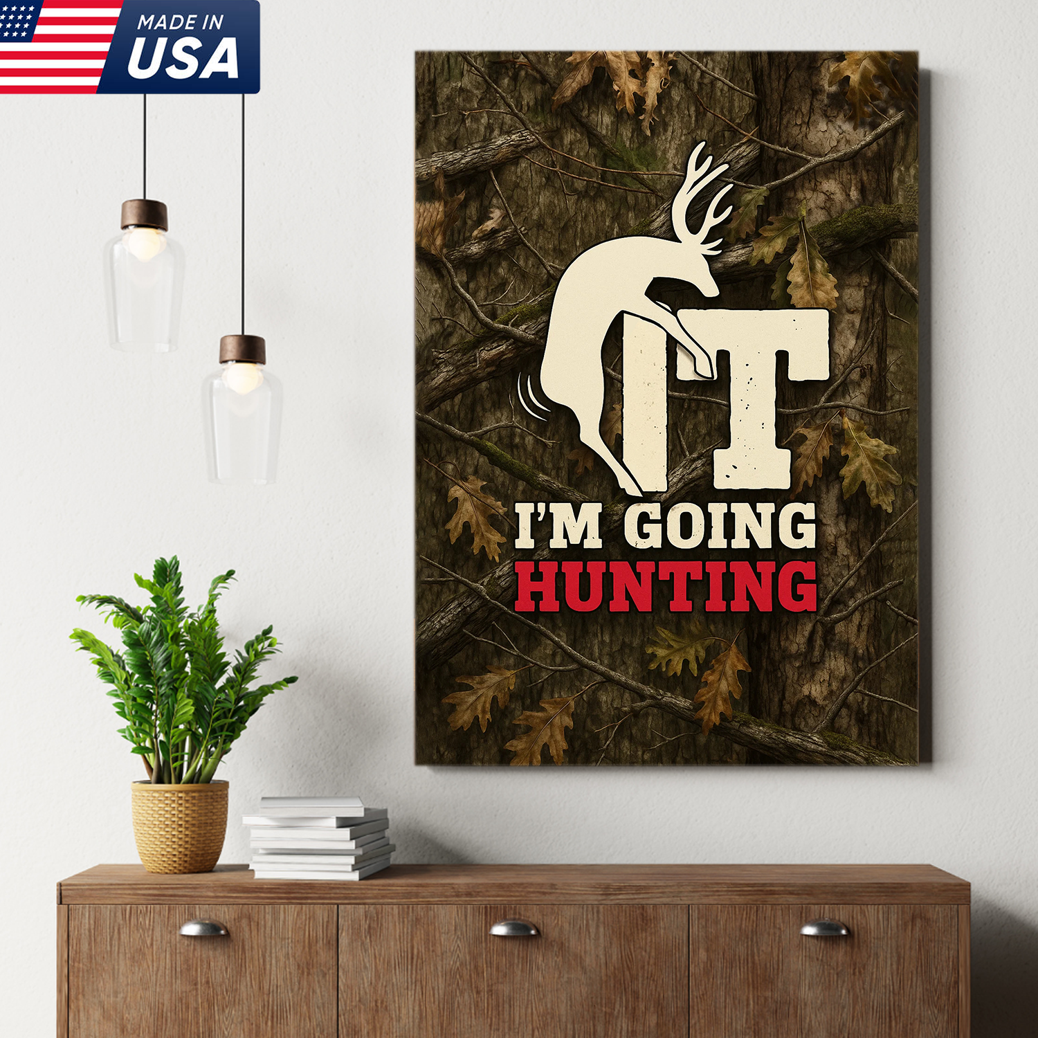 Funny Deer Hunting Canvas Wall Art - Rustic Camo Design for Hunters - Man Cave and Cabin Decor