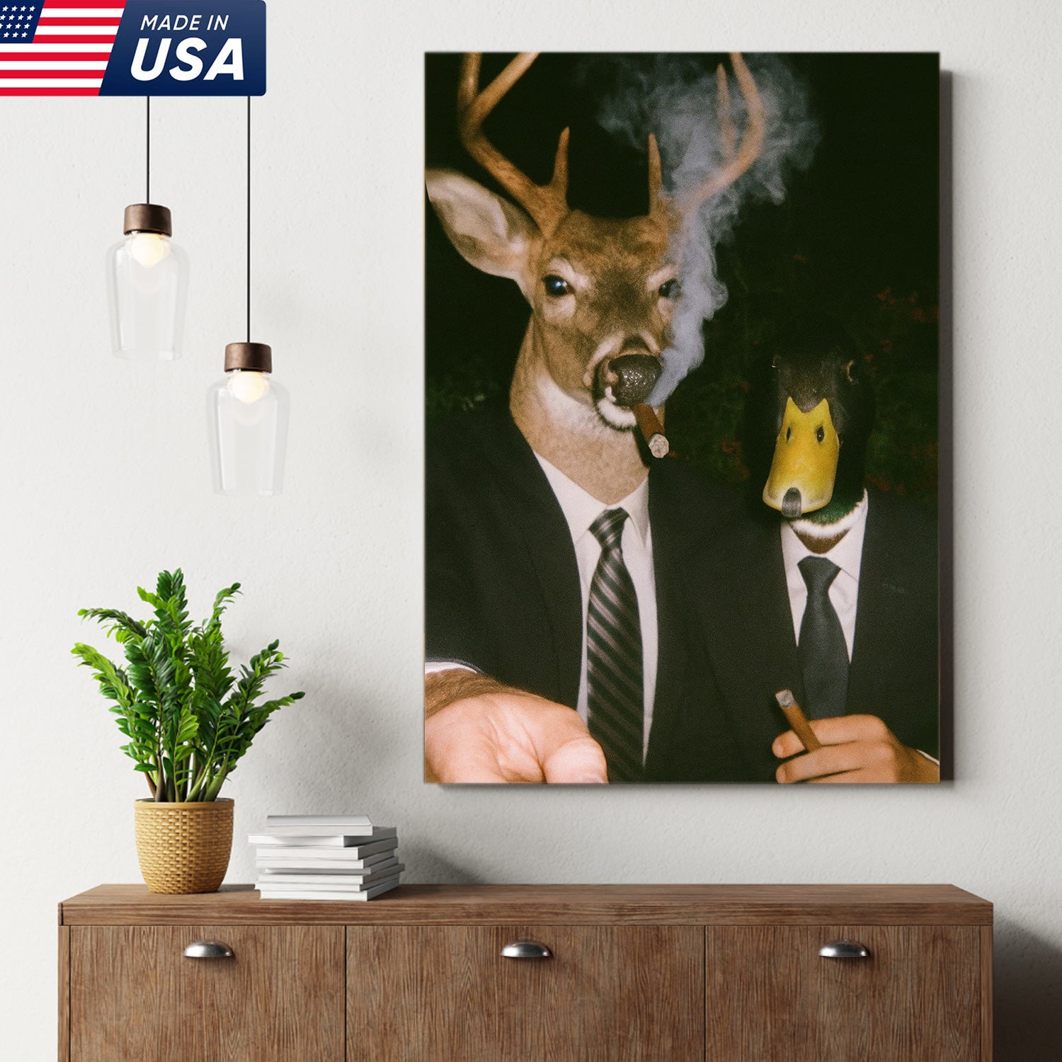 Funny Deer and Duck Canvas Wall Art - Hilarious Animal Duo in Suits - Unique Wildlife Artwork for Home Decor