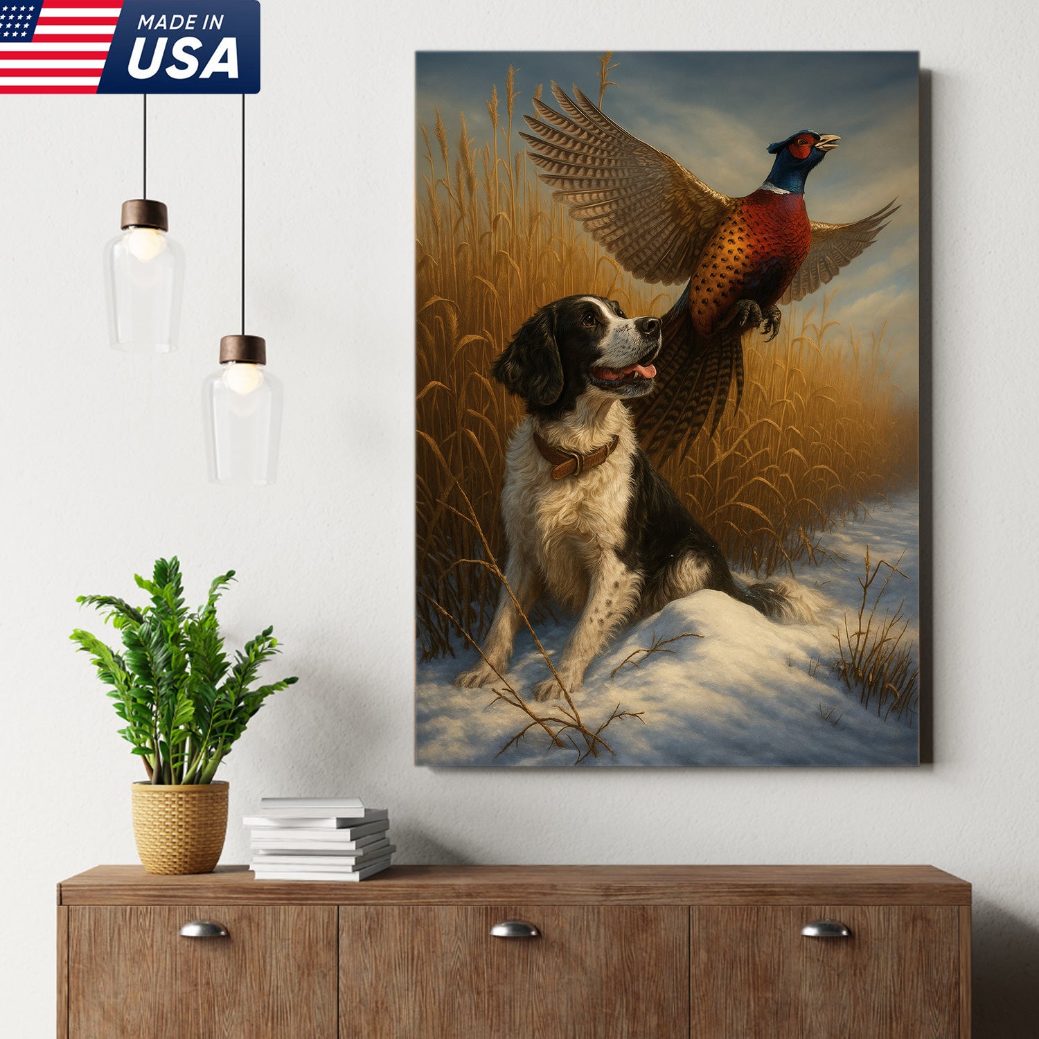 Hunting Dog & Pheasant in Winter Field Canvas – Classic Wildlife Wall Art for Lodge & Nature Decor