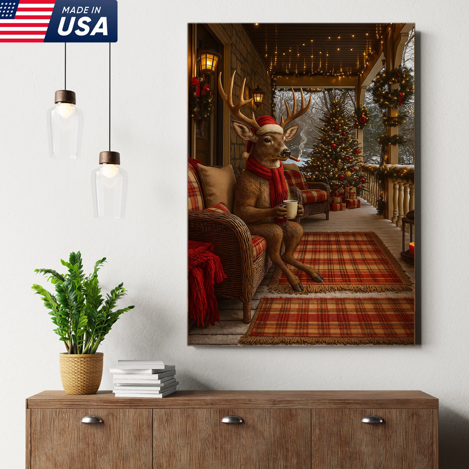 Christmas Deer Porch Canvas Wall Art, Cozy Cabin Reindeer With Scarf Holiday Print, Rustic Plaid Farmhouse Christmas Decor