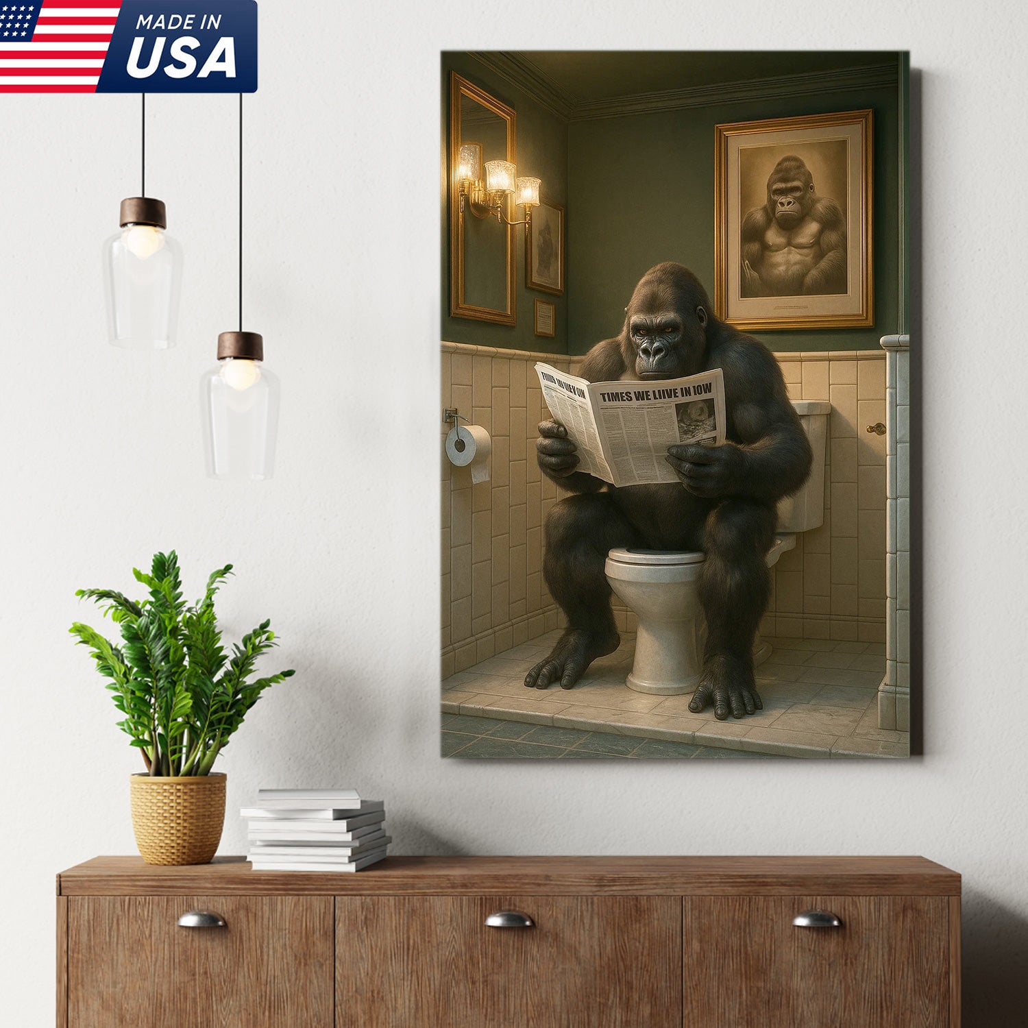 Funny Gorilla Bathroom Wall Art Canvas, Toilet Humor Decor for Men’s Restroom